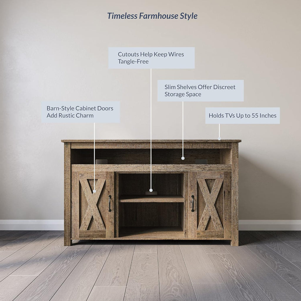 BELLEZE Modern 48 Inch Barn Door Wood TV Stand & Media Entertainment Center Console Table for TVs up to 50 Inches with Two Open Shelves and Cabinets - Corin (Classic Wood)