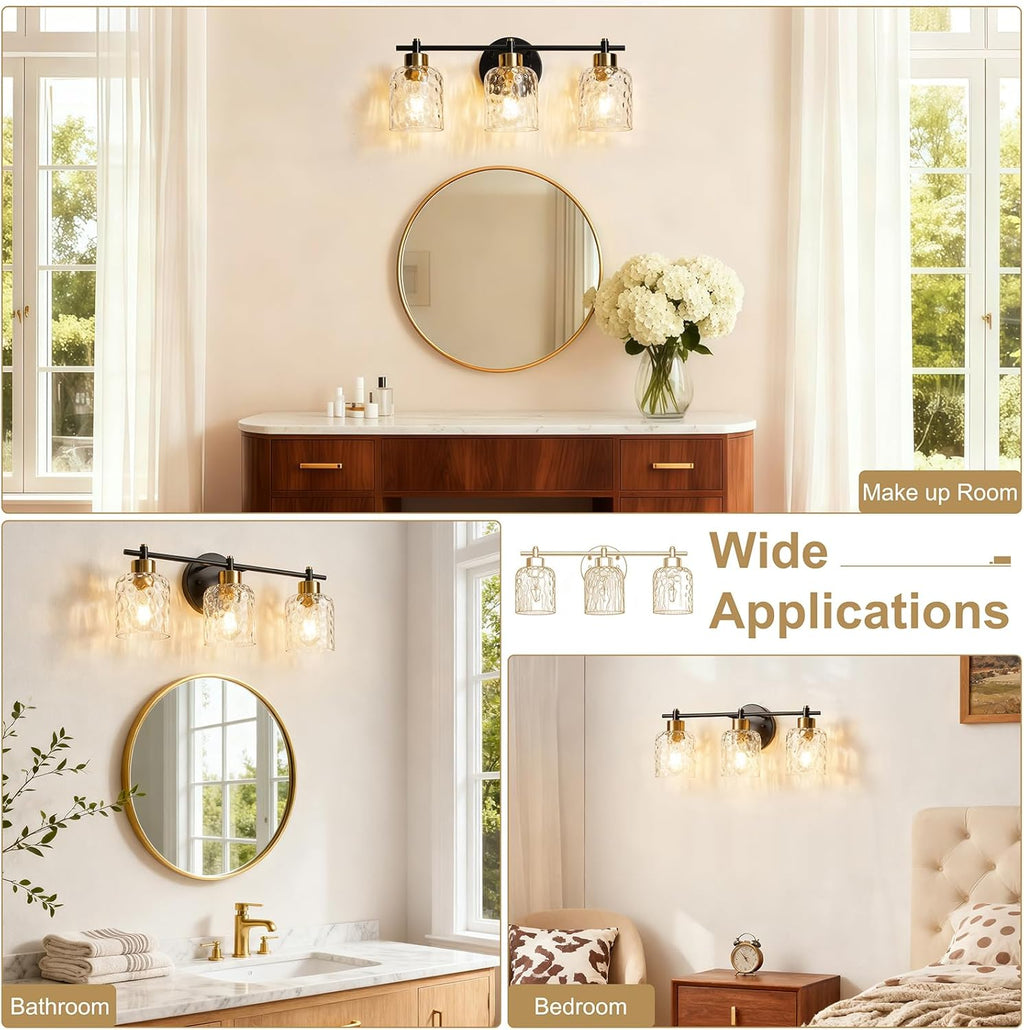 Bathroom Light Fixtures with Hammered Glass, 21.2" 3 Light Farmhouse Vanity Lights for Bathroom, Rustic Black and Gold Vanity Lighting Fixtures Over Mirror Makeup Room