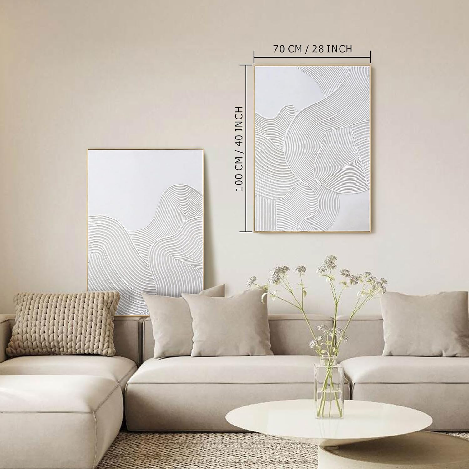 Framed Neutral Abstract Wall-Art Painting - Large Abstract Canvas Wall Decor 3D Curve Illustrations Hand painting for Living Room, Bedroom, Office - 2 Piece 28 x 40 Inch, Ready to Hang