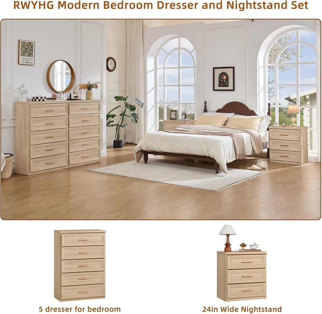 RWYHG Dresser Set for Bedroom with 5 Drawers 45" Tall Wood Closet Organizer with Metal Handle Furniture for Living Room Hallway Natural