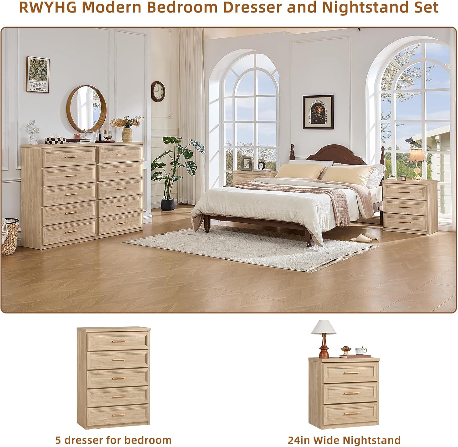 RWYHG Dresser Set for Bedroom with 5 Drawers 45" Tall Wood Closet Organizer with Metal Handle Furniture for Living Room Hallway Natural