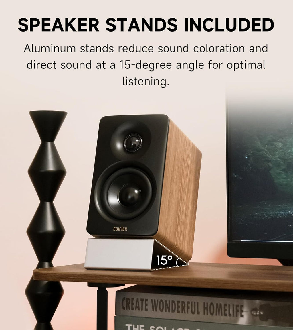Edifier M60 Multimedia Speaker Bluetooth 5.3, 66W RMS, Hi-Res Audio & Hi-Res Wireless Audio, LDAC,3" Mid Bass & 1" Tweeter, USB-C & Aux Inputs, Compact Desktop Speaker – Classic Oak (Renewed)