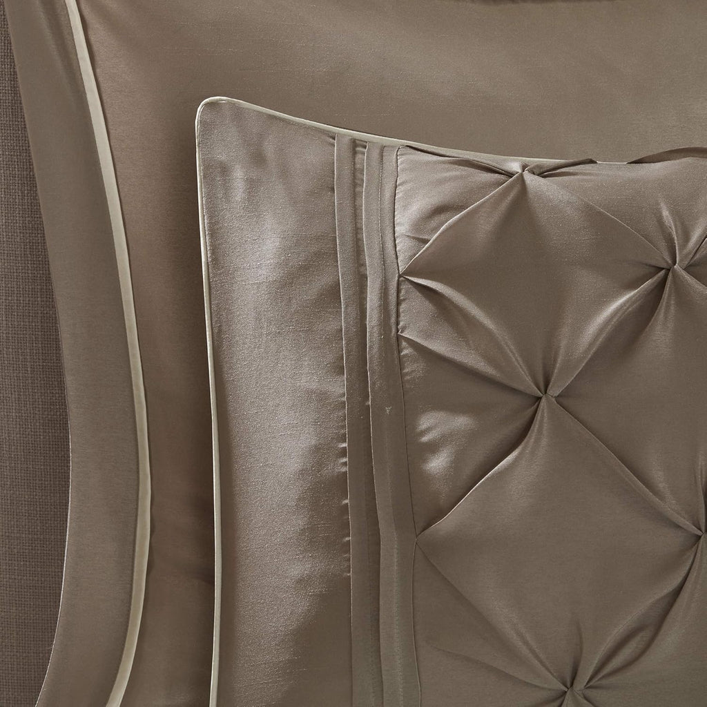 Madison Park Essentials Room in a Bag Faux Silk Comforter Set - Luxe Diamond Tufting All Season Bedding, Matching Curtains, Decorative Pillows, Taupe King(104"x92") 24 Piece