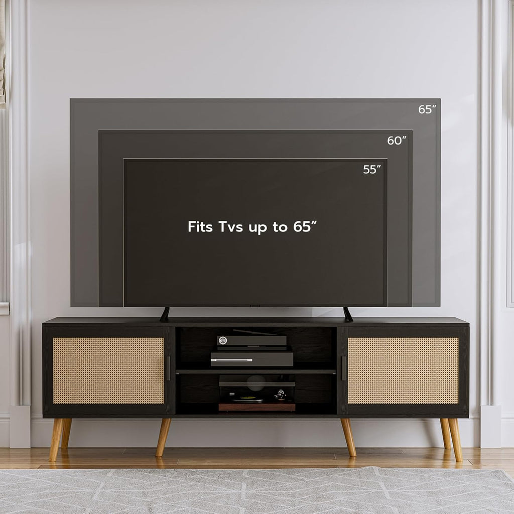 ZttRiee TV Stand for TVs up to 65'', Entertainment Center with Rattan Door, Shelves & 2 Cabinets, Boho Media TV Console for Living Room, Bedroom, Black