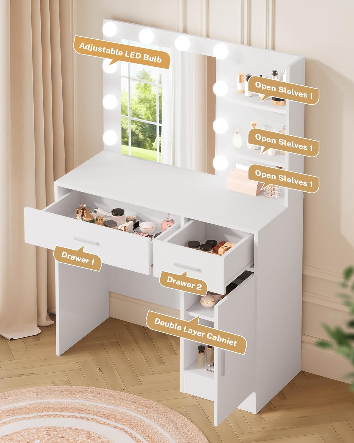 LIVELYGLOW White Makeup Vanity with 10 Hollywood Light Bulbs, 35.4" Wide Dressing Table with Large Mirror & Dimming Function, Small Space Vanity Desk with 2 Drawers, Storage Cabinet & Shelves
