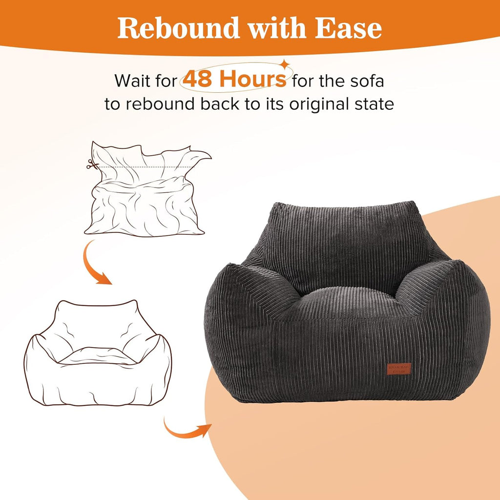 Big Bean Bag Chair for Adults, Ultra Soft Living Room Bean Bag with Armrests, Stuffed BeanBag Chair for Napping, Gaming, Vacuum-Compressed for Easy Gifting, 48 Hours to Fluffs Up, Dark Gray