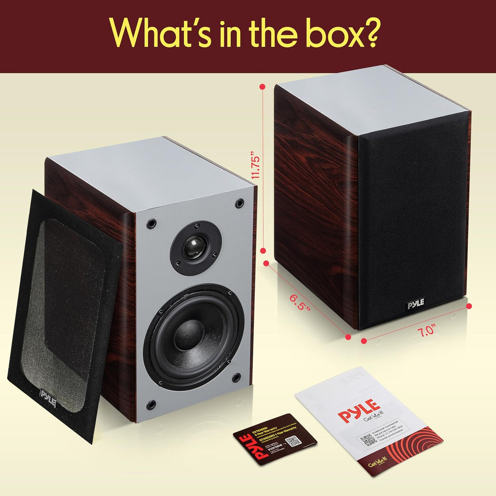 Pyle 5.25'' Wired Bookshelf Speakers, 2-Way HiFi Home Theater Bookshelf Speakers with Silk Dome Tweeter, Woven Woofer, Wall Mount Bracket, Magnetic Grill – Cherry Bookshelf Speakers Wall Mount