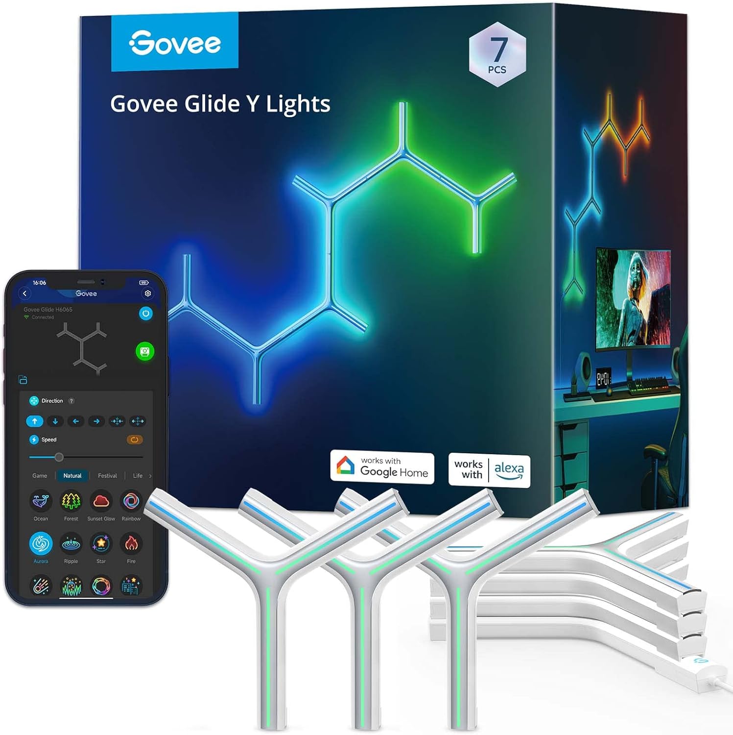 Govee Glide Y RGBIC LED Wall Lights, Smart Wi-Fi Gaming Lights with Music Sync, DIY and Timer Feature, LED Lights for Gaming Room, Wall Light 7 Pack