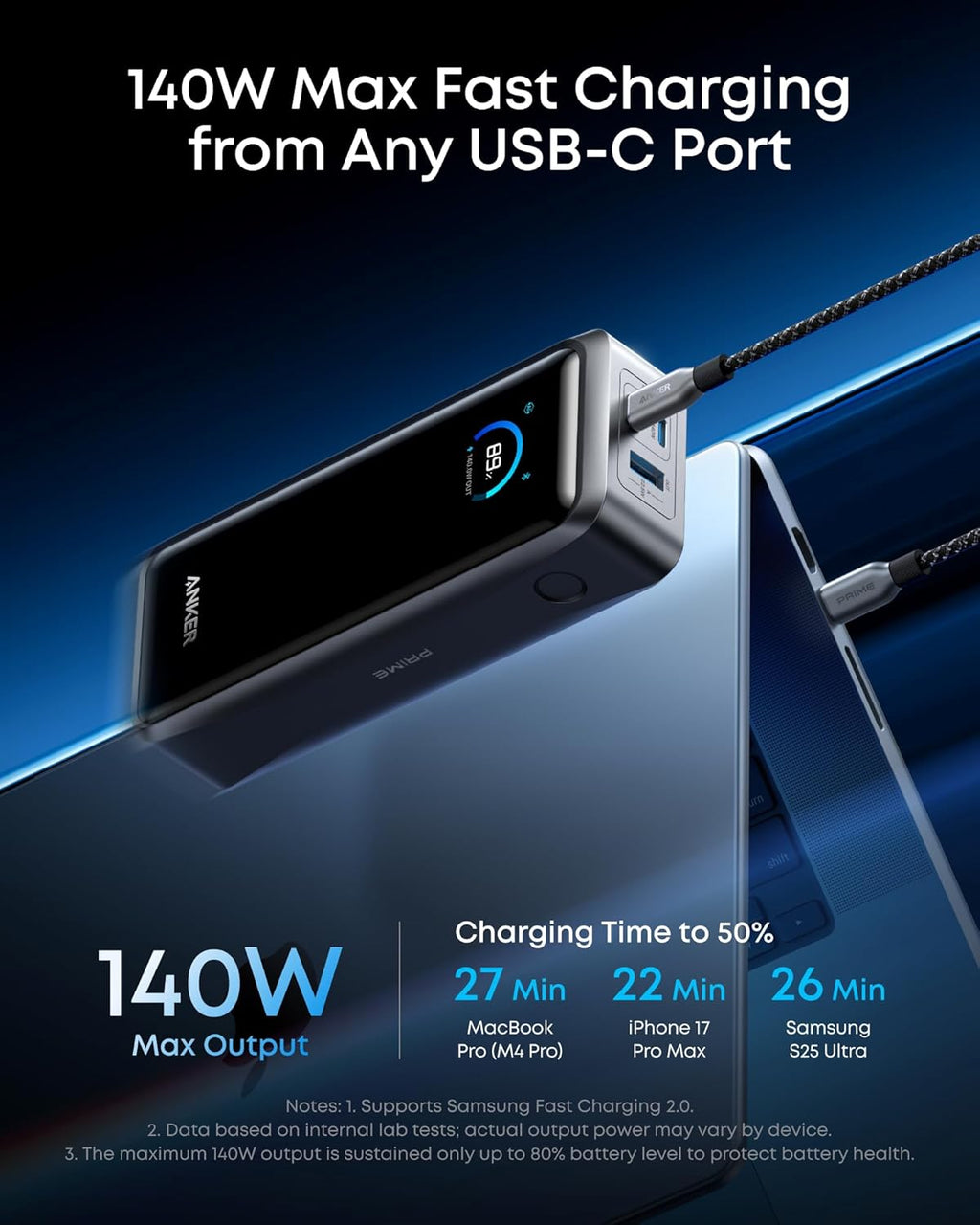 Anker Prime Power Bank, 26,250mAh 3-Port Portable Charger with 300W Max Output, Two-Way Charging, TSA-Approved, App Control, for MacBook, iPhone 17/16 Series, and More (Base Not Included)