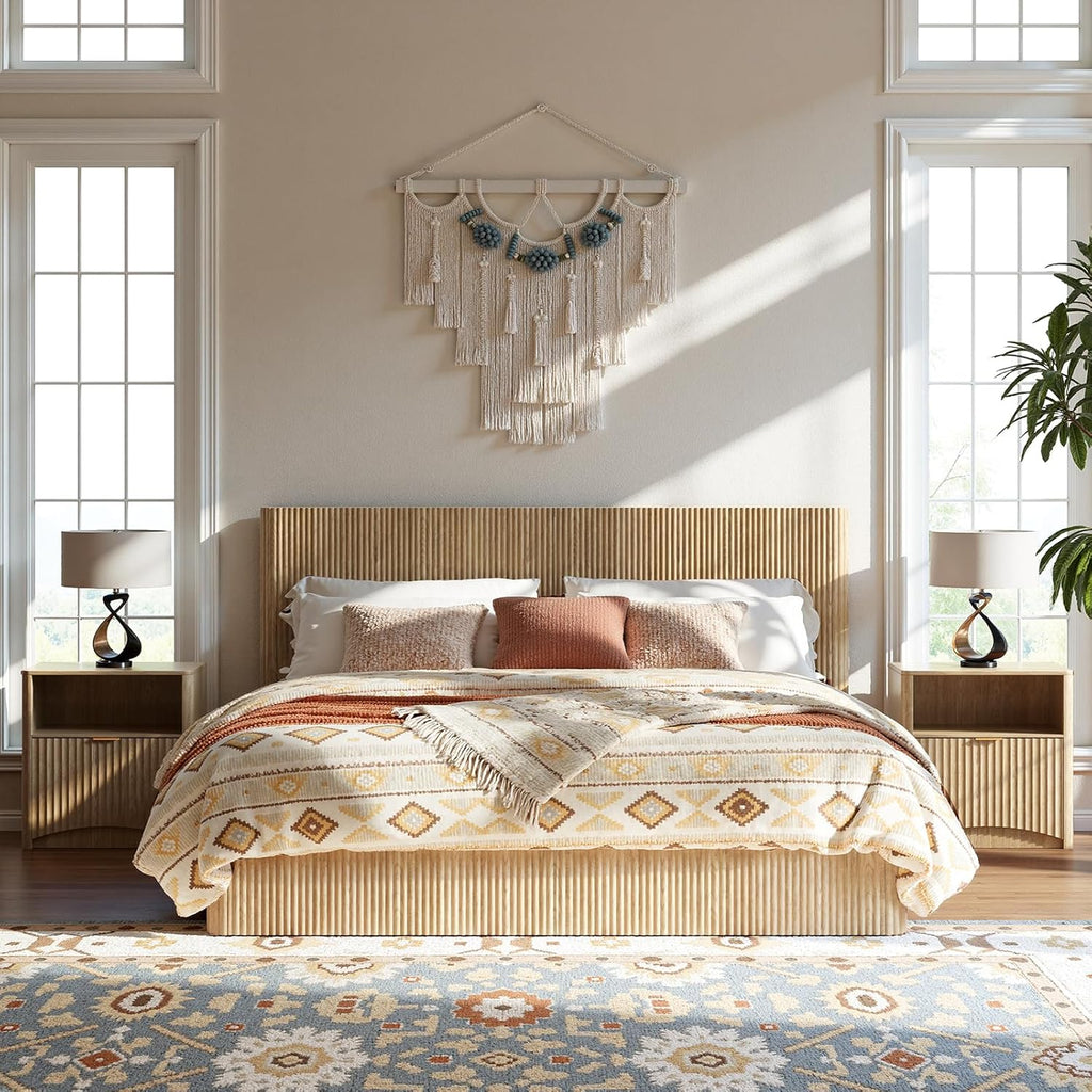 Evermagin Natural King Lift Up Storage Bed Frame, Mid Century Modern Fluted Bed Frame, Wood Hydraulic King Size Bedframe with Headboard