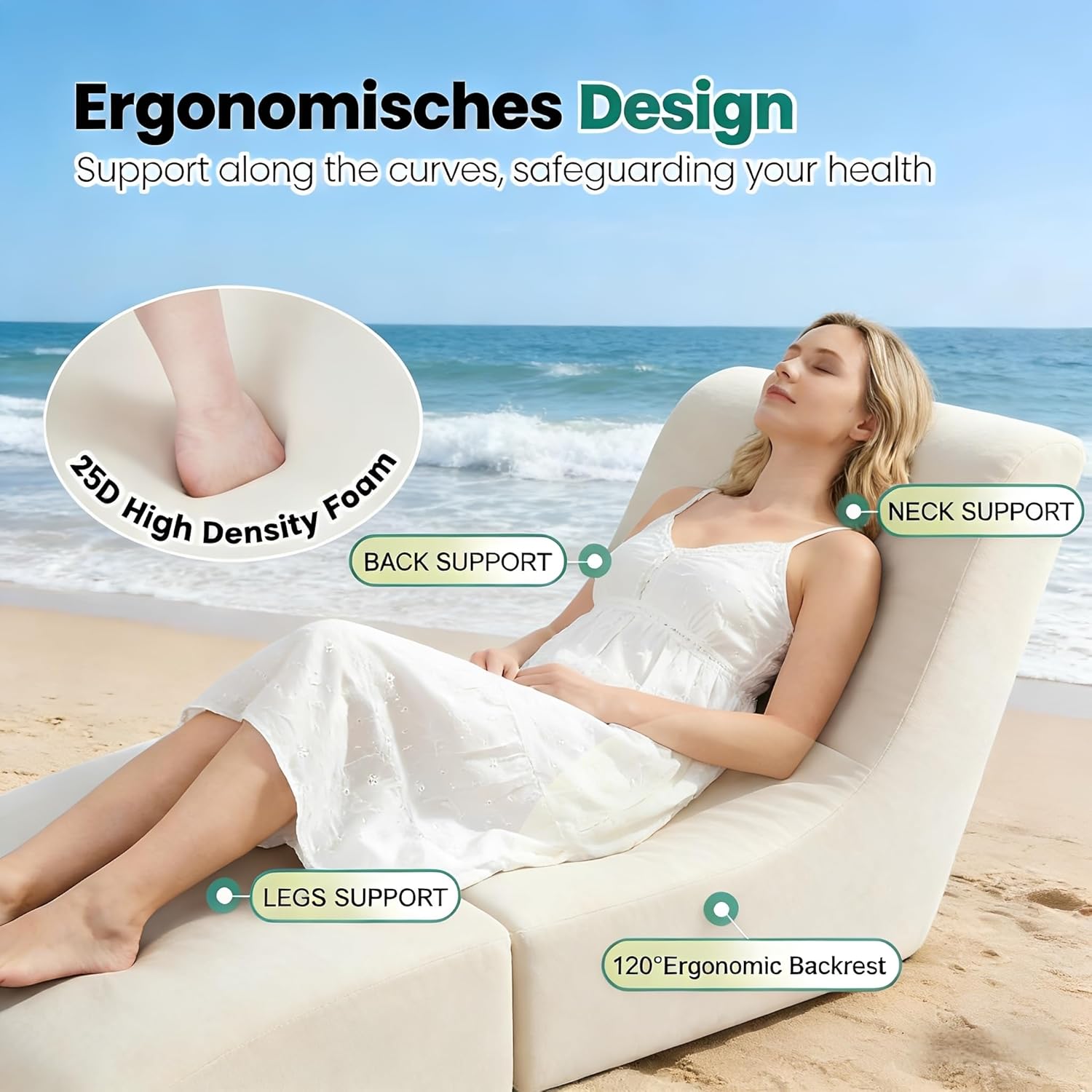 ZealWe Bean Bag Chair Set of 2 Outdoor Patio Lounge Chair with Back Support, Chaise Lounge Chair Waterproof Beach Bean Bag Couch for Adults, Memory Foam Filled for Poolside Balcony, Beige | water proof