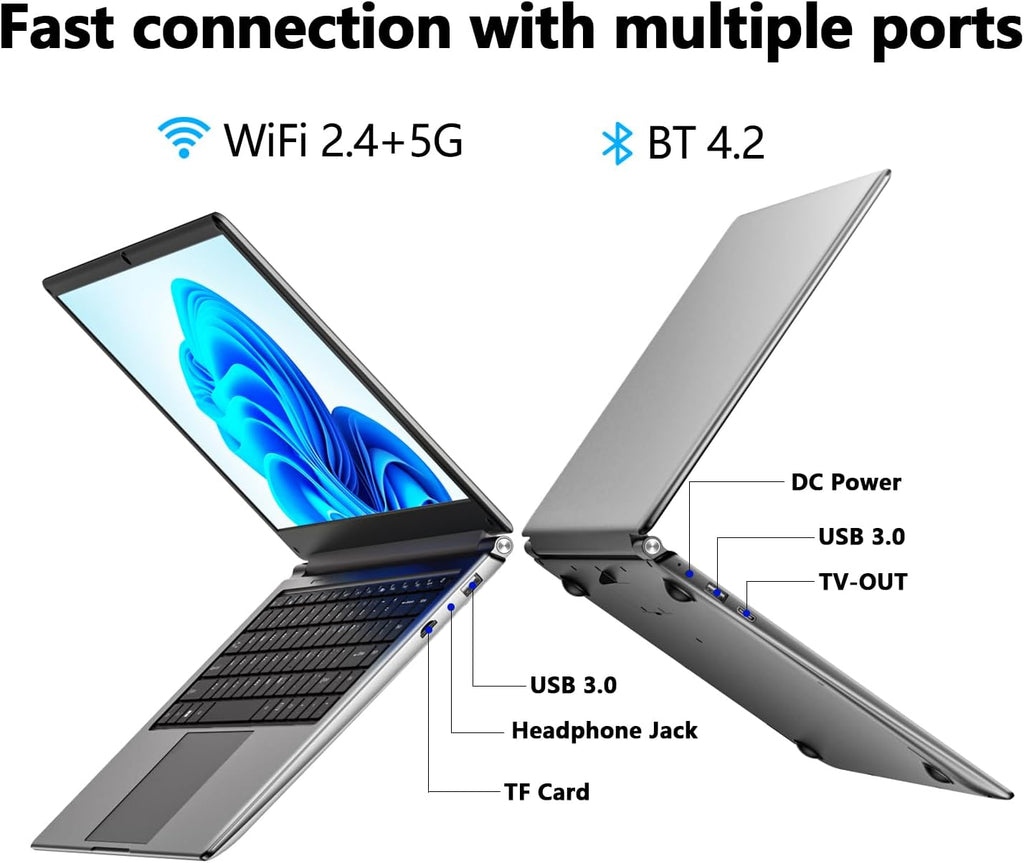 Laptop 16-inch , 8GB DDR 256GB SSD portable laptop computer, expandable to 1TB, Pentium quad-core CPU up to 2.64 GHz, 9000mAh battery, interface, USB3.0 interface, dual-band WiFi, webcam, slim laptops
