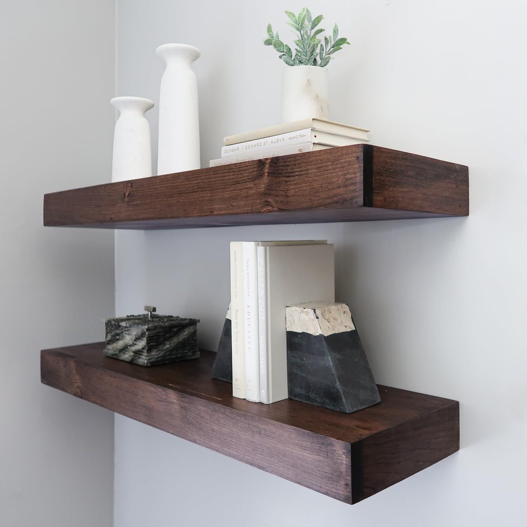Urbandi Modern Floating Shelves 3 Inches Thick for Wall, Wide Shelves for Kitchen, Living Room, Bedroom, and Bathroom, Natural Pine Wood, Rustic Wooden Shelf, (Set of 2) (Provincial, 36Lx3Hx6D)