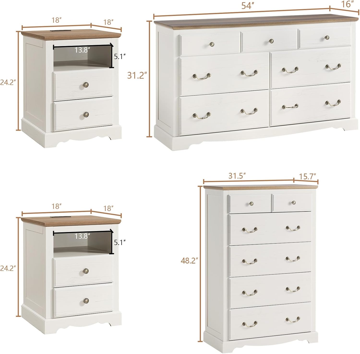 AMERLIFE Farmhouse 4 Pieces Bedroom Sets Includes 7 Drawers Dresser, 6 Dressers Organizer, Two Nightstands with Charging Station, White