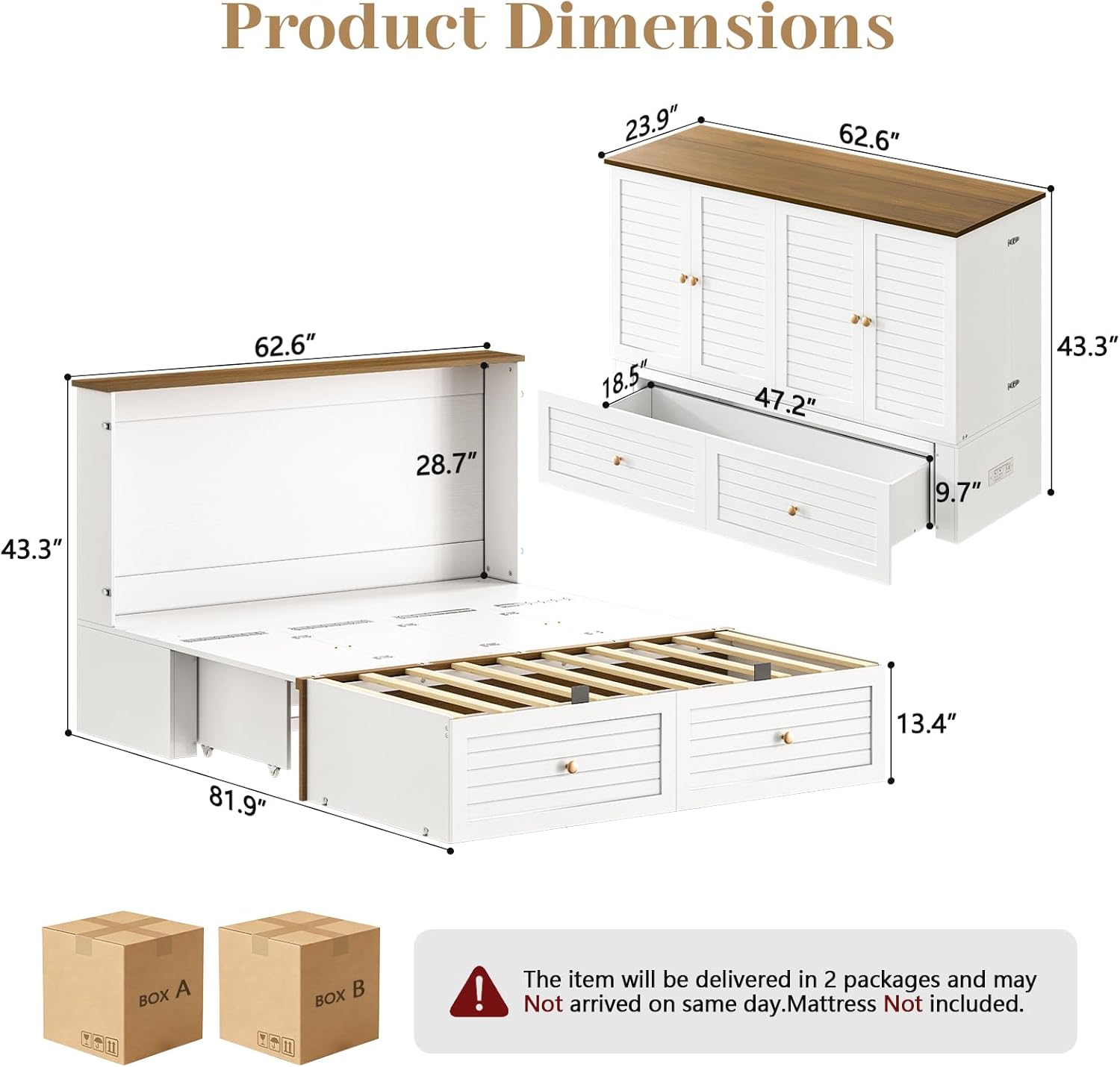 Yoobure Queen Murphy Bed with Charging Station - Modern Queen Bed Frame with Storage, Foldable Platform Cabinet Beds with Drawer, Wood Hideway Bedframe for Guest & Living Room, Bedroom, Office, White