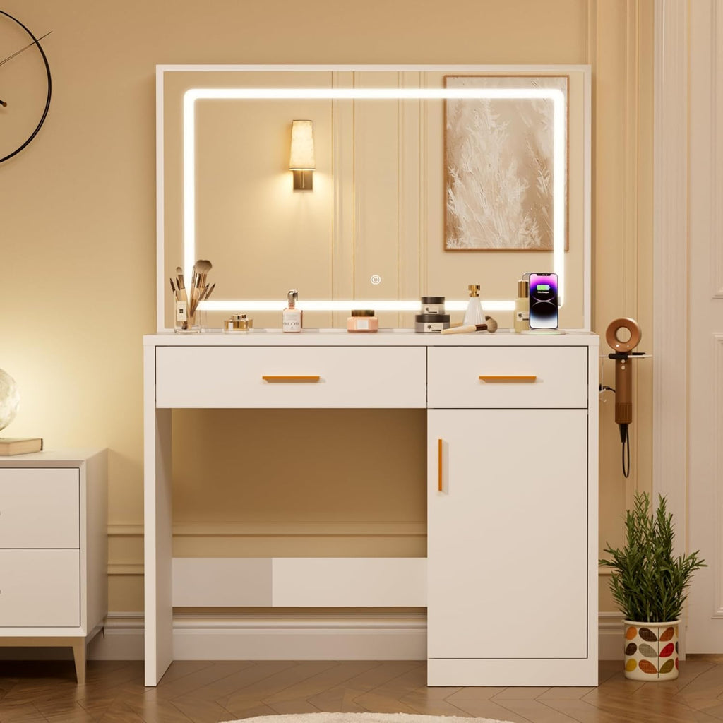 Sweetcrispy Vanity Desk with 35.4" LED Mirror and Lights, Makeup Vanity Table with Charging Station (2AC/USB/C), 2 Drawers & Large Cabinet, 3 Lighting Color Adjustable, Modern Dressing Table, White
