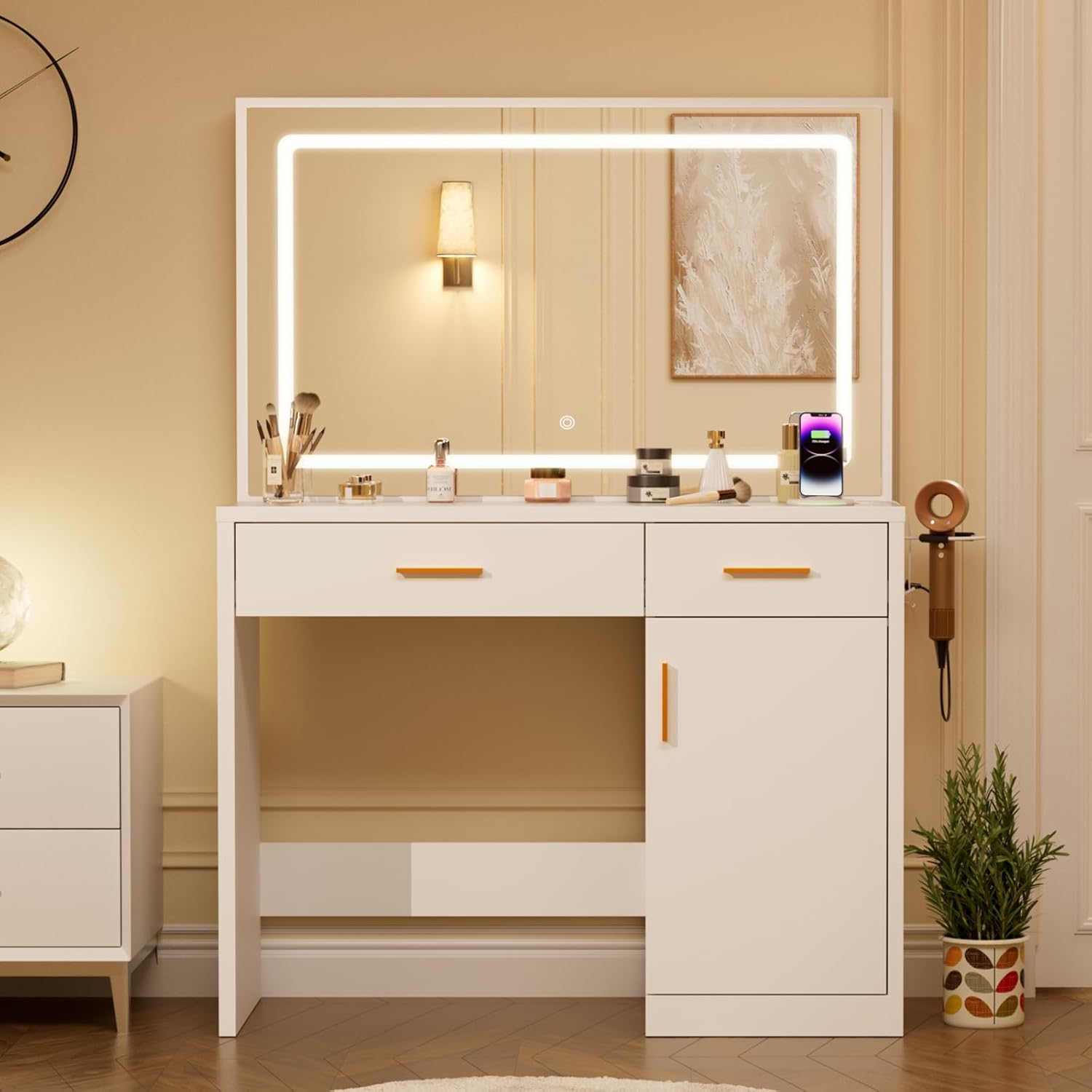 Sweetcrispy Vanity Desk with 35.4" LED Mirror and Lights, Makeup Vanity Table with Charging Station (2AC/USB/C), 2 Drawers & Large Cabinet, 3 Lighting Color Adjustable, Modern Dressing Table, White