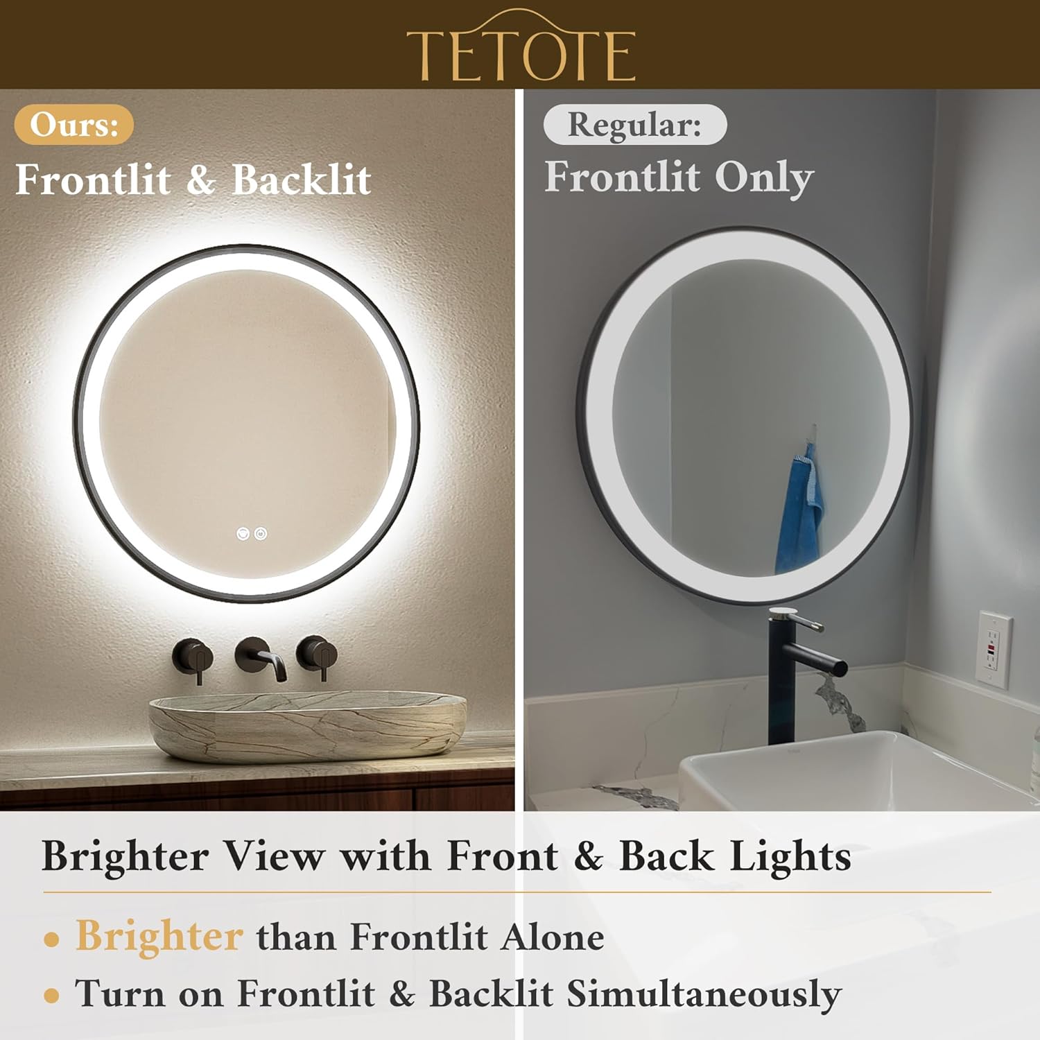TETOTE Round Led Lighted Bathroom Mirror Matte Black Frame 24 Inch Front and Backlit Circle Round Light up Vanity Mirror with Lights, 3 Color Illuminated Dimmable Anti Fog Wall Mount, IP54 CRI 90+