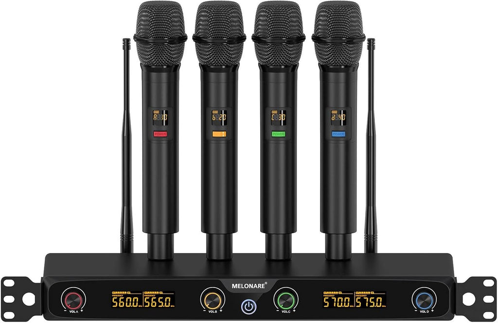 MELONARE 4-Channel Wireless Microphone System, UHF Rackmountable Cordless Mic Set w/ 4X 10 Frequencies, 260ft Range, Dynamic Handheld Microphone for Singing, Karaoke, Church, DJ, Party (MWM-41F)