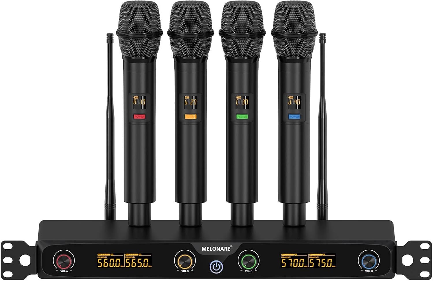 MELONARE 4-Channel Wireless Microphone System, UHF Rackmountable Cordless Mic Set w/ 4X 10 Frequencies, 260ft Range, Dynamic Handheld Microphone for Singing, Karaoke, Church, DJ, Party (MWM-41F)