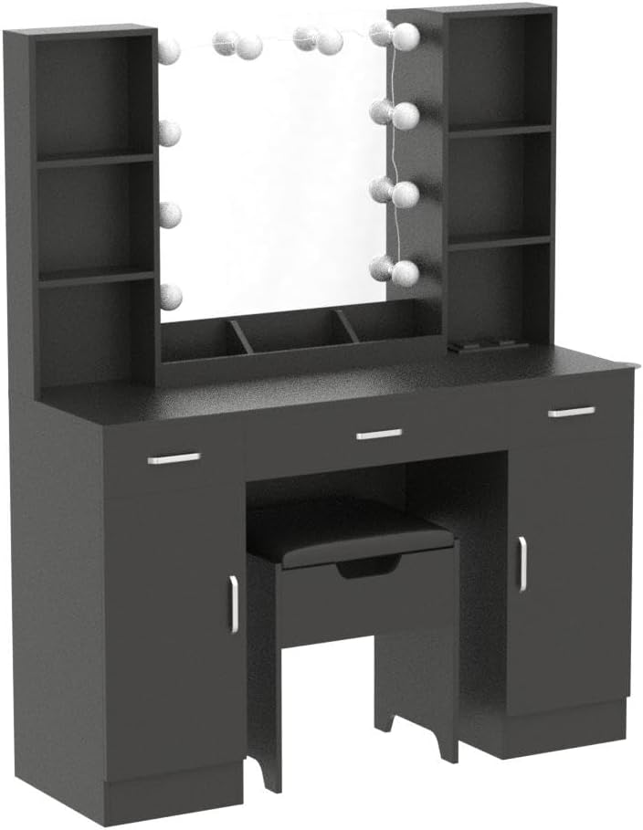 Vabches Makeup Vanity Table with Lighted Mirror & Power Strip, Large Vanity Set Vanity Desk with Storage Stool, 3 Lighting Modes, Brightness Adjustable, 45.2in(Large, Black)