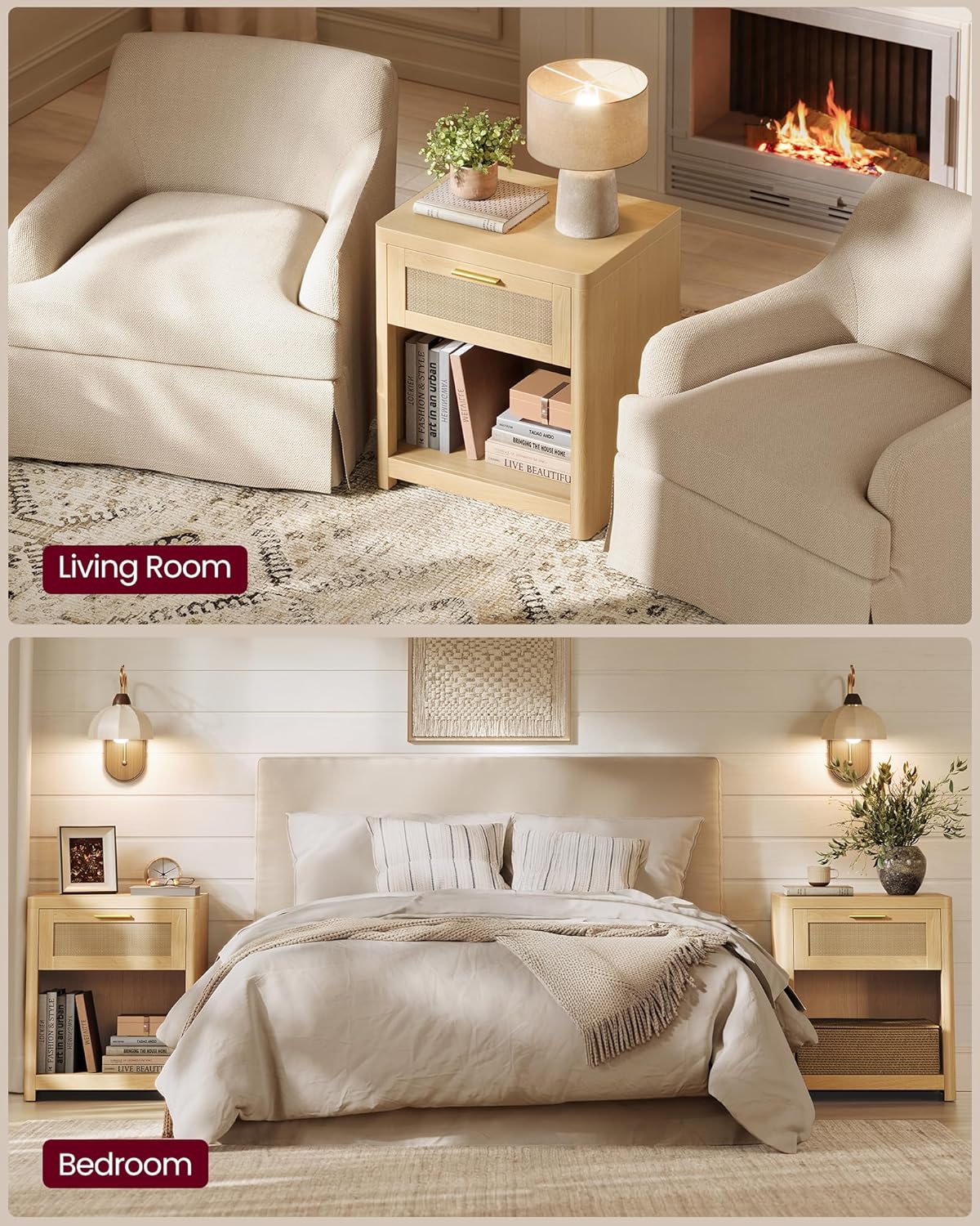 VASAGLE ELLAN Collection - Boho Nightstands with Rattan-Look Drawer, Set of 2 Accent Side End Tables with Open Compartment, Rounded Corners, for Bedroom Bedside, Oak Beige ULET818YC01