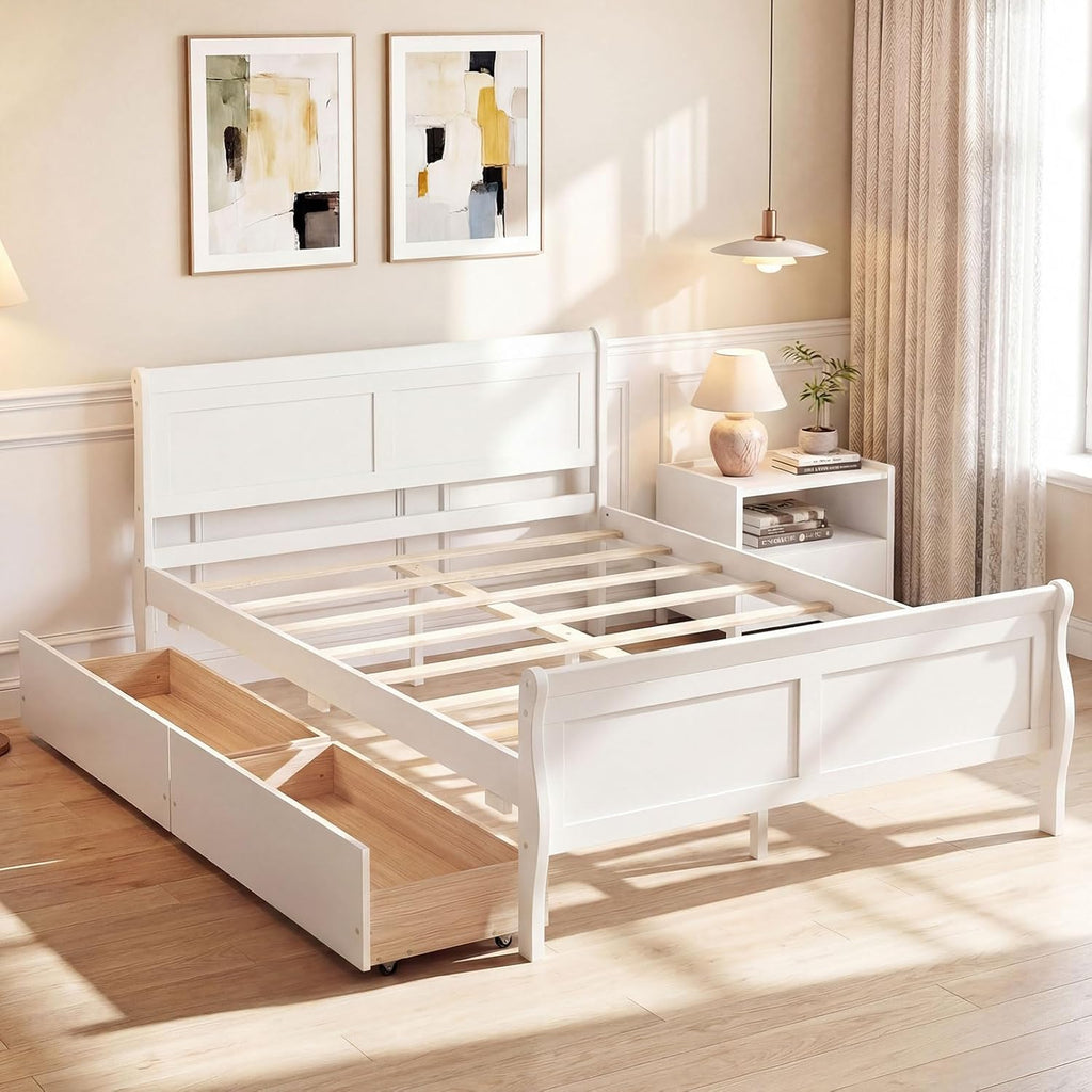 Giantex Full Bed Frame with 2 Storage Drawers, Wood Platform Bed with Headboard & Footboard, Wooden Slats Support Mattress Foundation, Sleigh Bedframe for Teens Adults, No Box Spring Needed (White)