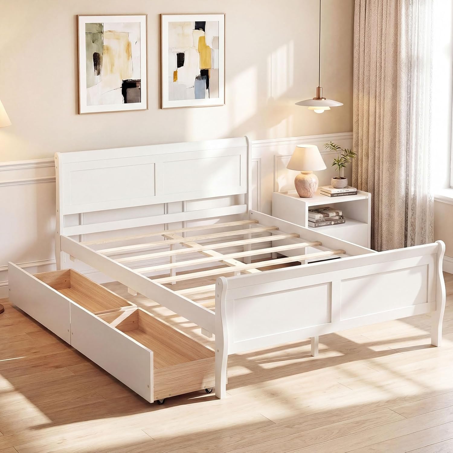 Giantex Full Bed Frame with 2 Storage Drawers, Wood Platform Bed with Headboard & Footboard, Wooden Slats Support Mattress Foundation, Sleigh Bedframe for Teens Adults, No Box Spring Needed (White)