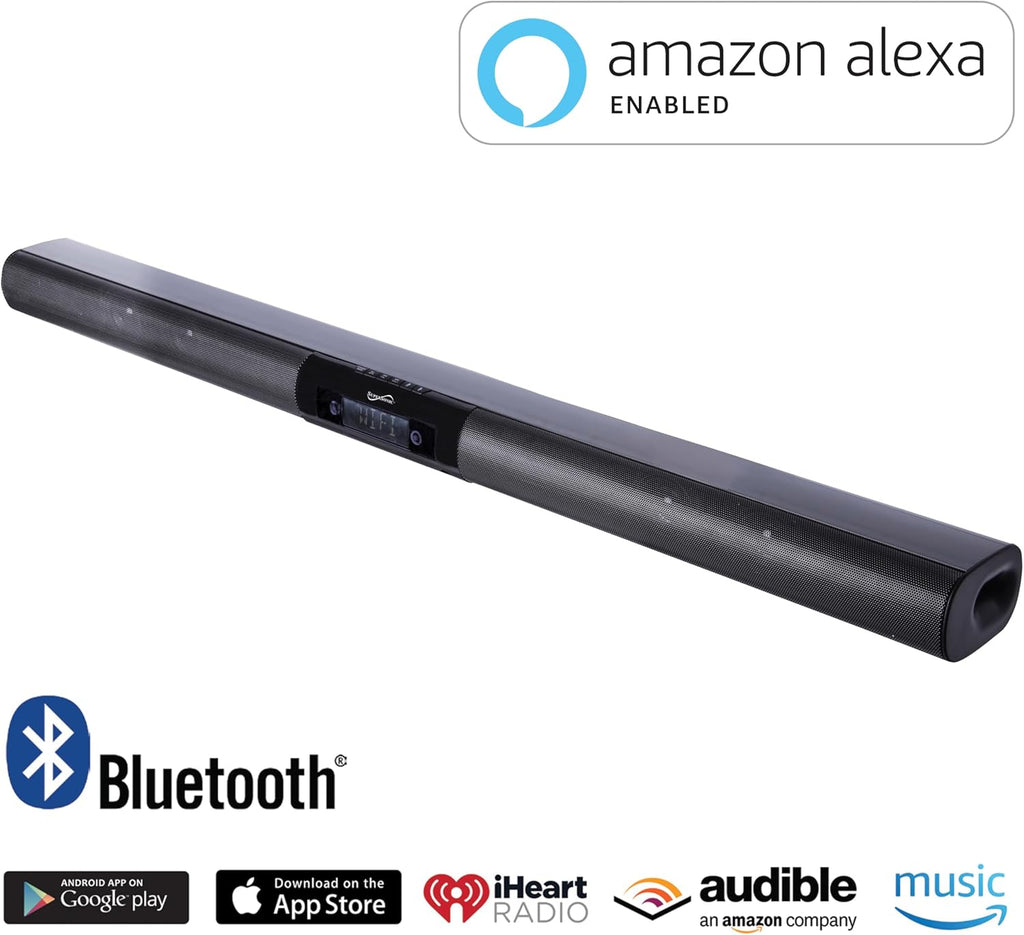 Supersonic SC-1419SBA 37-inch Premium Optical Bluetooth Soundbar System with Alexa, Multi-Room Speaker Connection, RCA Line, Optical in, Free Wi-Fi App, Large LCD Display, FM Radio, 40W RMS Output