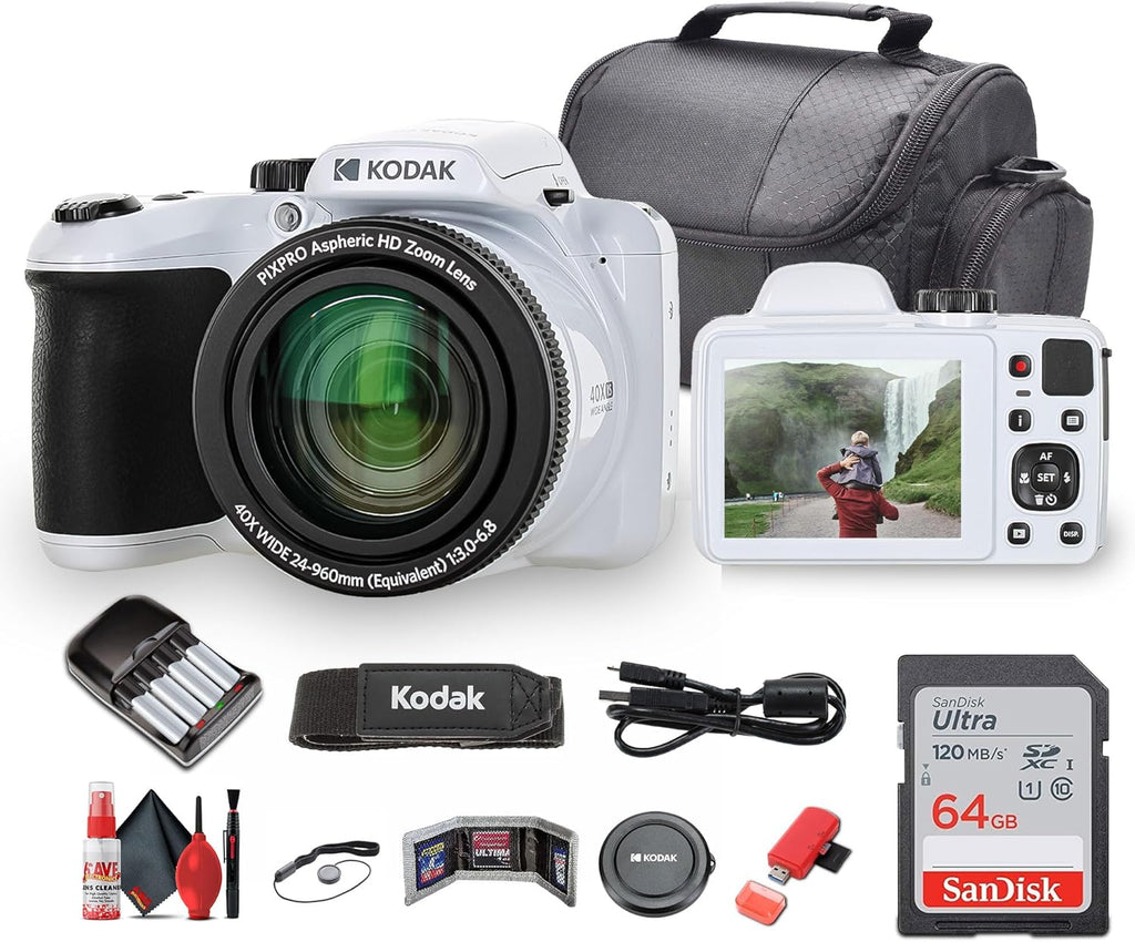 Kodak Pixpro AZ405 Digital Camera (AZ405WH) Bundle Including: 64 GB Memory Card, Rechargeable Batteries, Case, Neck Strap, Lens Caps, Full Cleaning Kit, Card Reader, Card Wallet, USB Cable, Cap Keeper
