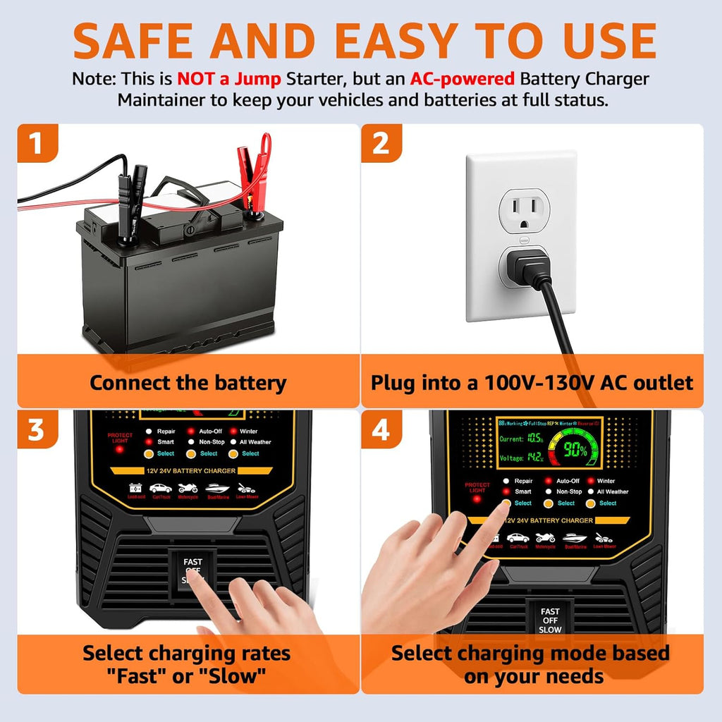 PLXX 12V 24V Car Battery Charger Heavy Duty 0-15A Automatic Smart Trickle Charger with Auto Shutoffs, Repair, Winter Mode, for Automotive Car Truck Motorcycle Lawn Mower Boat Marine AGM