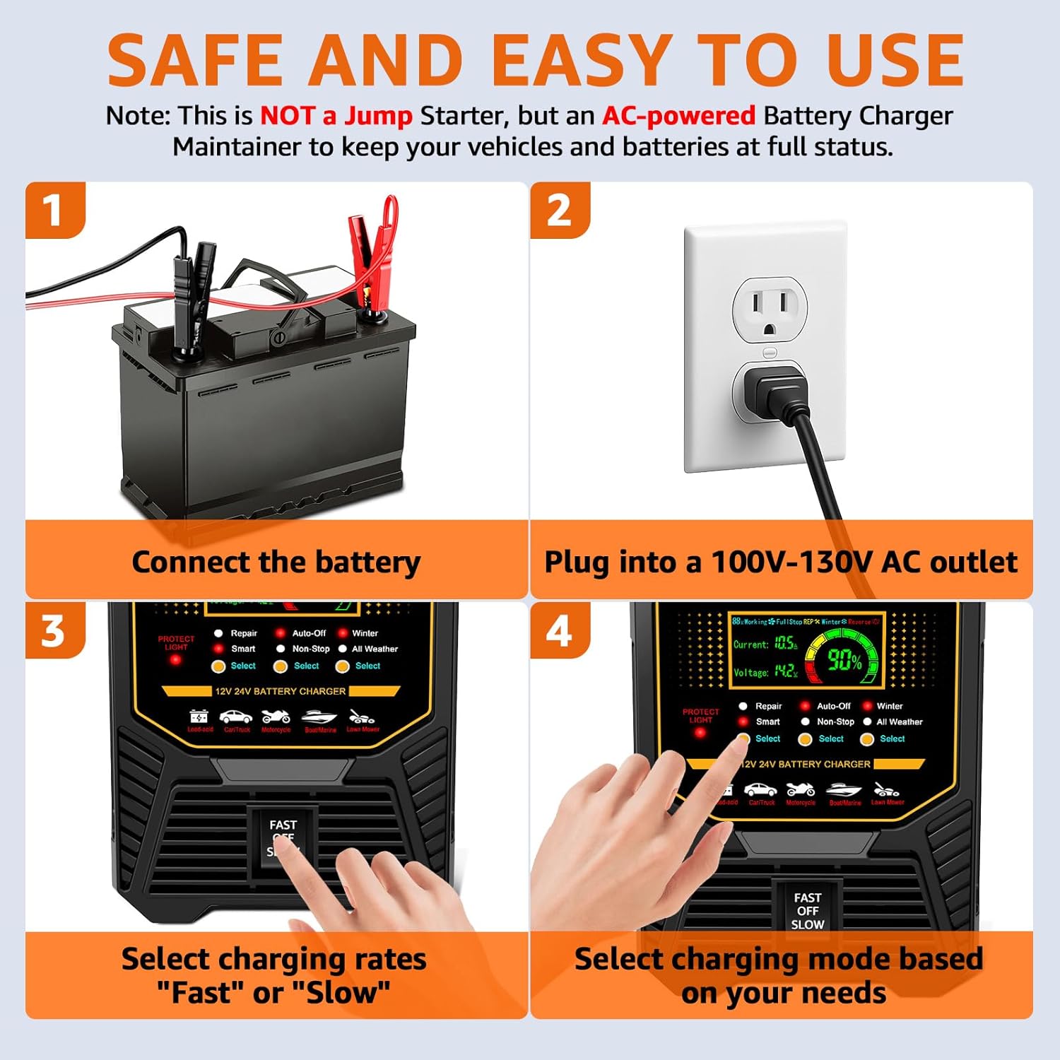 PLXX 12V 24V Car Battery Charger Heavy Duty 0-15A Automatic Smart Trickle Charger with Auto Shutoffs, Repair, Winter Mode, for Automotive Car Truck Motorcycle Lawn Mower Boat Marine AGM