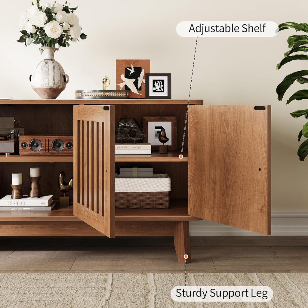 Garvee Mid Century Modern TV Stand, TV Stands for Living Room with 4 Grille Doors and Adjustable Shelves, Entertainment Center with Storage and Power Output, Wooden TV Console