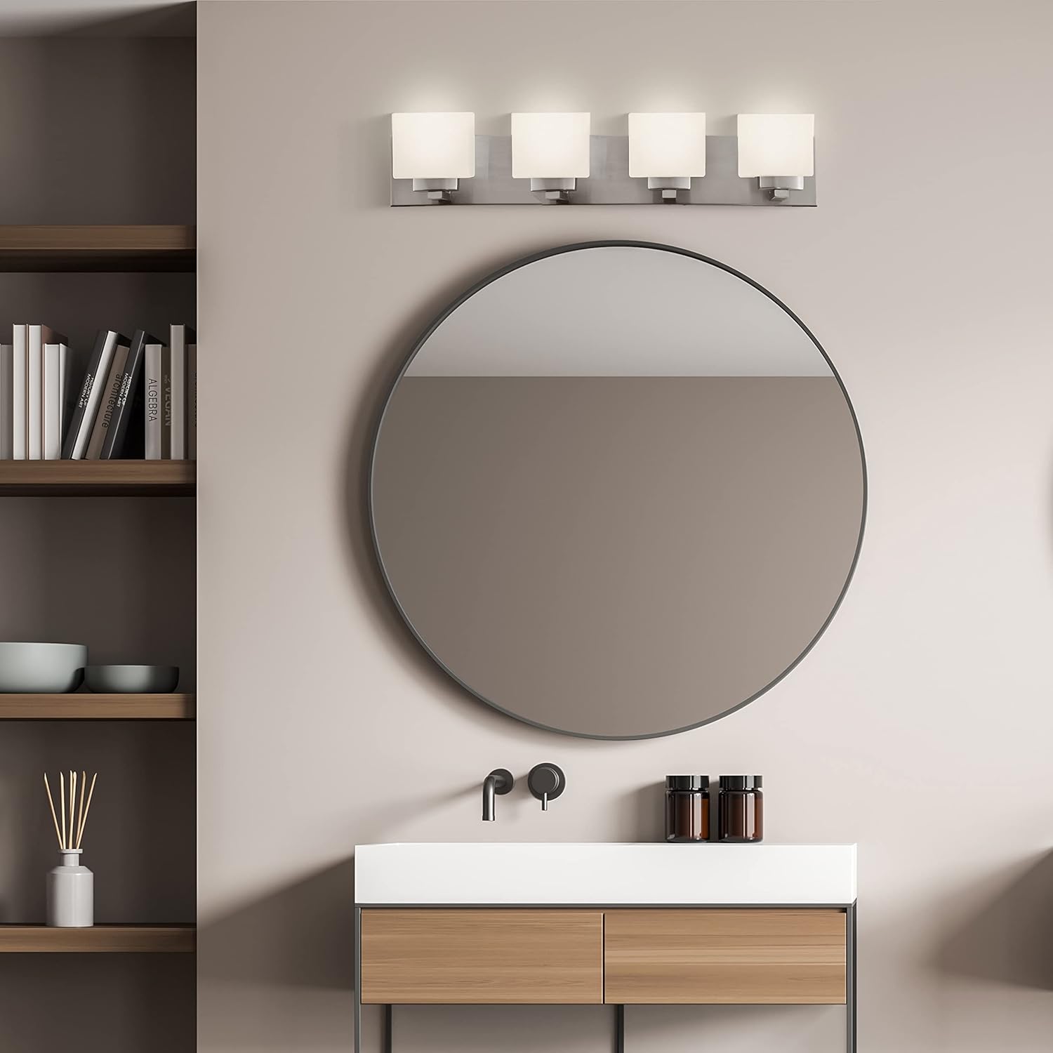 Design House 578013 Dove Creek Vanity Light Dimmable with Frosted Glass for Above Bathroom Mirror, Satin Nickel, 4-Light