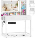 Small Vanity Desk, Vanity Desk with Mirror and Lights, Makeup Vanity Desks with Power Strip, Vanity Table with Drawers and Shelves, Adjustable Lighting, Dressing Table for Bedroom Dressing Room, White