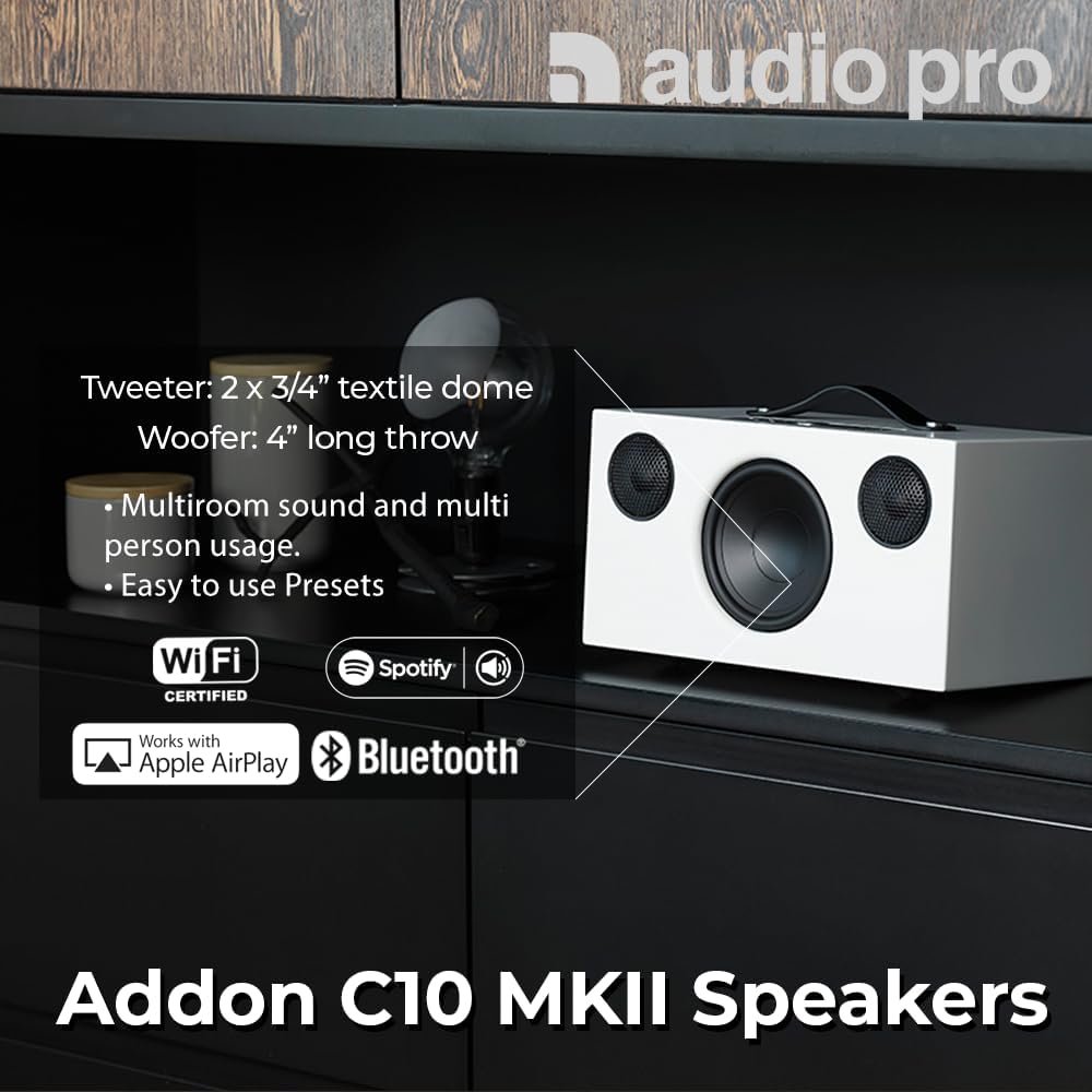 Audio Pro Addon Bluetooth Speaker - Wireless Speaker with High-Fidelity Sound - Outdoor Speakers, WiFi, AirPlay 2, Chromecast, Spotify Connect, C10 MKII, White