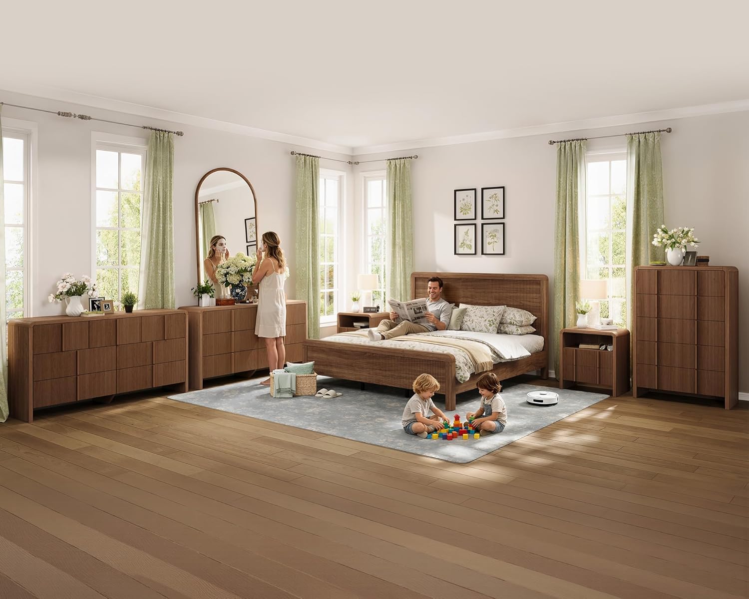 AMERLIFE 3-Piece Modern Fluted Bedroom Furniture Set, Including Wood Full Size Bed Frame with Headboard & Footboard and Storage Night Stand Set of 2, Wooden Bedframe and Nightstand Sets, Walnut