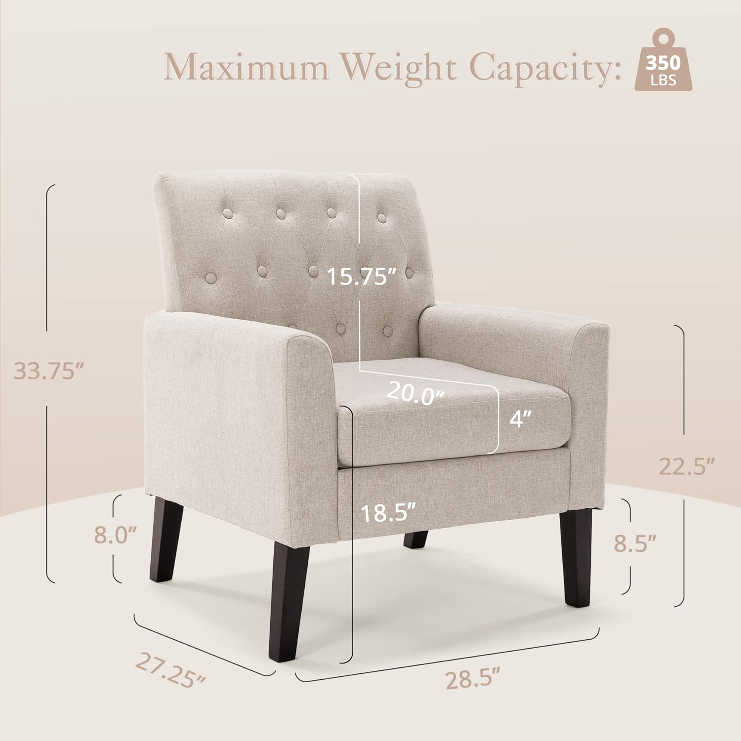 LUE BONA Linen Accent Chairs Set of 2 18.5" H, Comfy Living Room Chair with Arms, Upholstered Button Tufted Armchair, Modern Arm Chairs for Small Space, Living Room, Bedroom, Linen Color