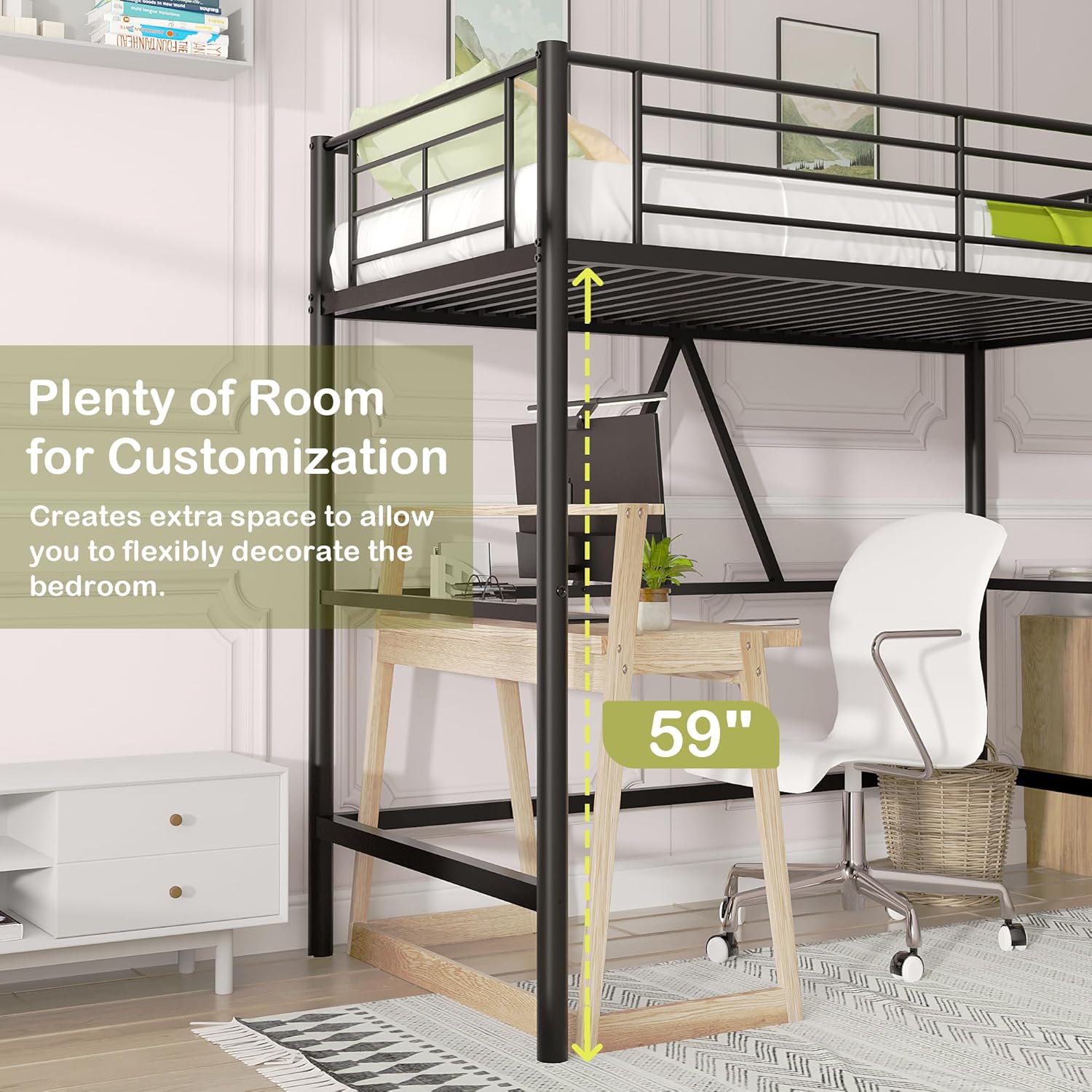 VECELO Metal Loft Bed Twin Size, Heavy Duty Bedframe with Removable Ladder and Safety Guardrail, Space-Saving, Noise Free, No Box Spring Needed, Matte Black