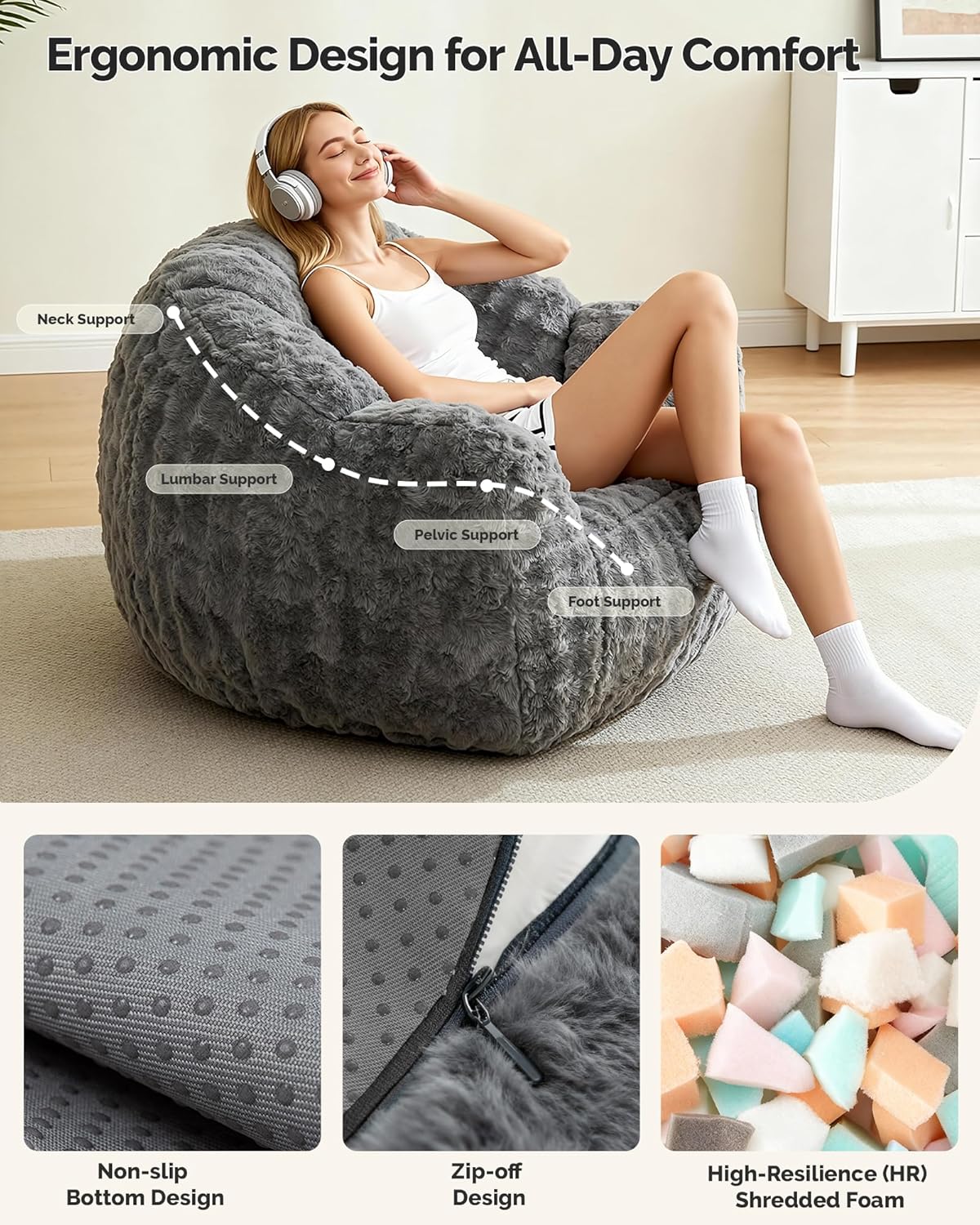 KINGYES Bean Bag Chair, Giant Bean Bag Couch with Memory Foam Filled, Gaming Beanbag Chair for Adults, Bean Bag for Kids & Teen, Light Gray
