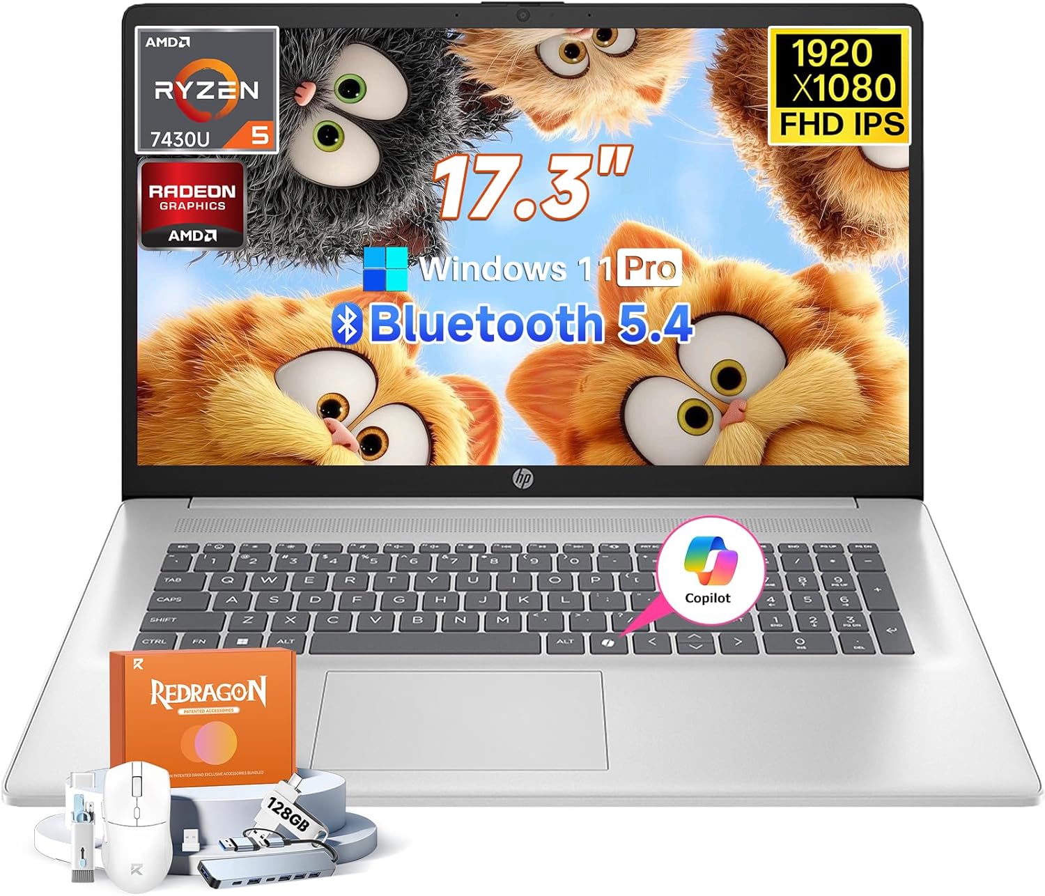 HP 17 inch Laptop 2026 for Business Student, Windows 11 Pro, 16GB RAM, 512GB SSD, AMD Ryzen 5 7430U, 17.3" Anti-Glare FHD IPS Display, AMD Radeon Graphics, Copilot Key, Bluetooth 5.4, w/Accessories