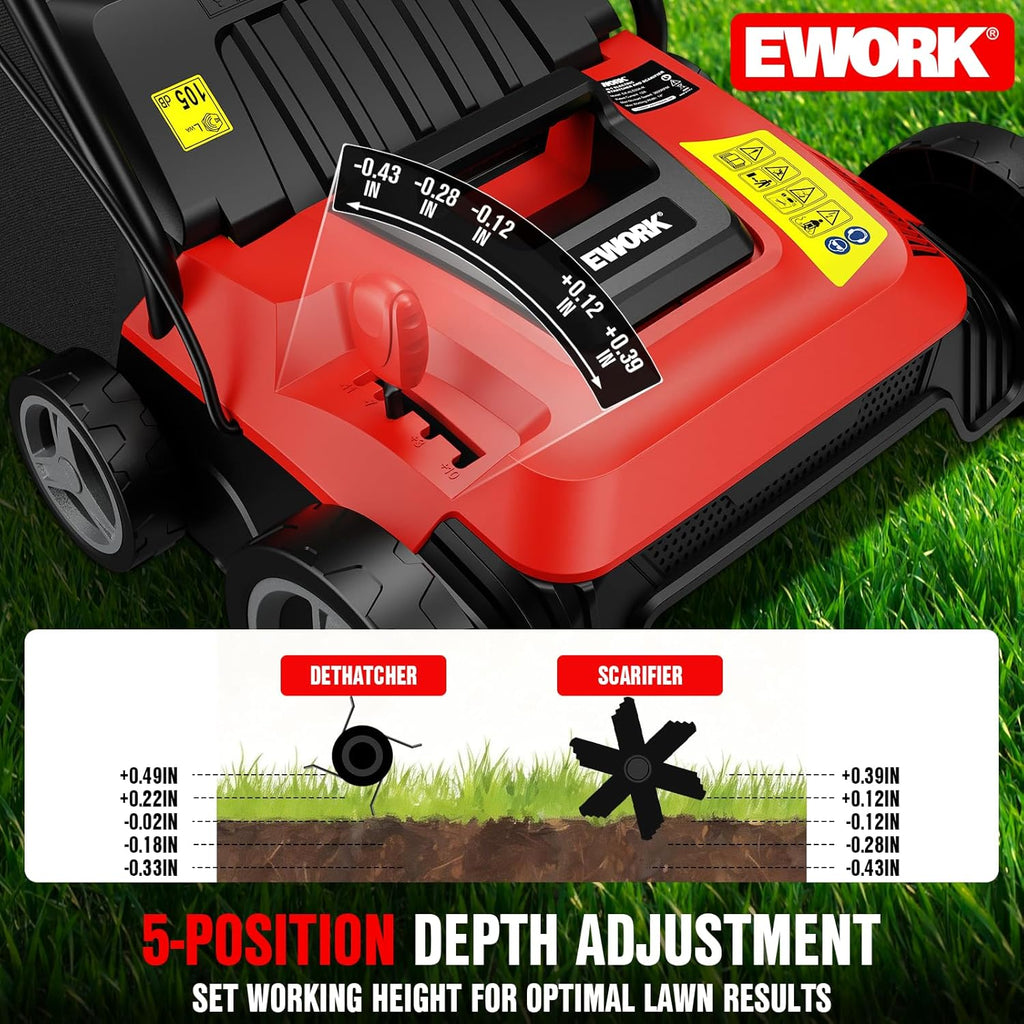EWORK Electric Dethatcher and Scarifier 14-Inch 12 Amp 2-in-1 Lawn Dethatcher and Aerator with Collection Bag, Blade Replacement Without Tool, 5-Position Depth Adjustment for Gardening Care