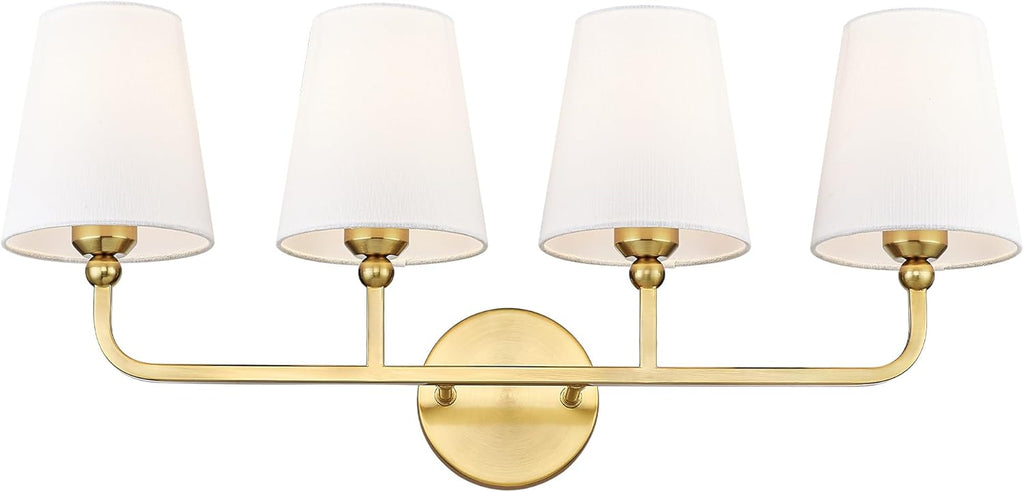 Bathroom Light Fixtures, 4 Light Brushed Gold Vanity Lights with Flared White Fabric Shade, 28 Inch Wall Sconce, Modern Sconces Wall Lighting for Hallway Bedroom, VL837-BG-4