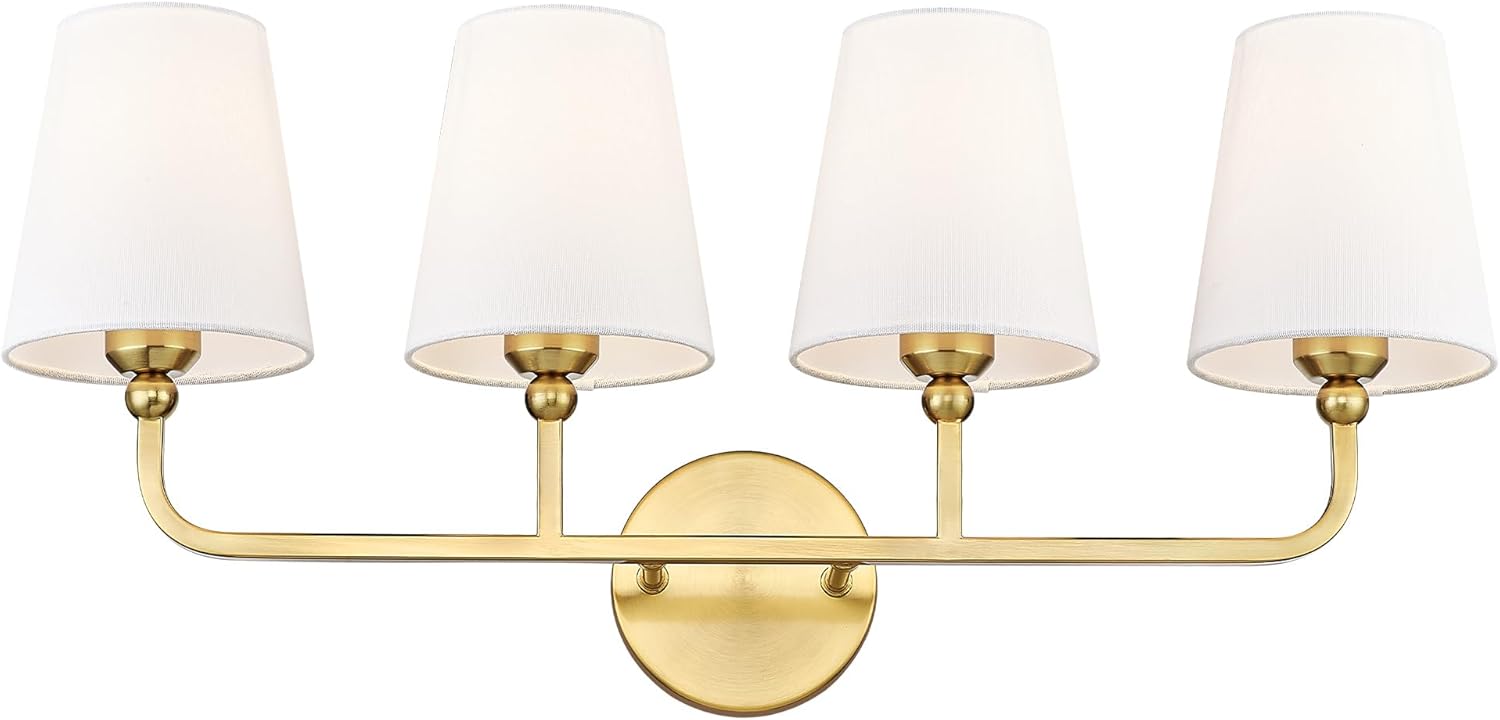 Bathroom Light Fixtures, 4 Light Brushed Gold Vanity Lights with Flared White Fabric Shade, 28 Inch Wall Sconce, Modern Sconces Wall Lighting for Hallway Bedroom, VL837-BG-4