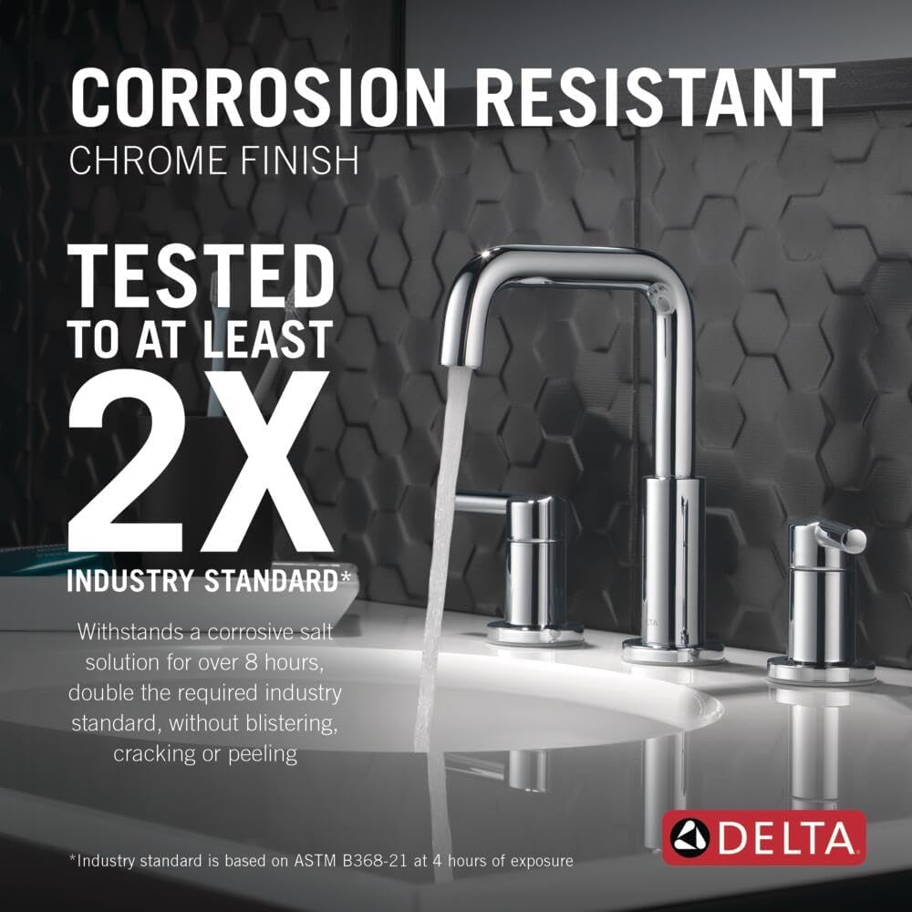 Delta Nicoli Chrome Faucet 3 Hole, 8 Inch Widespread Bathroom Sink Faucet for Vanity, Push-Pop Drain Assembly, Chrome 35849LF