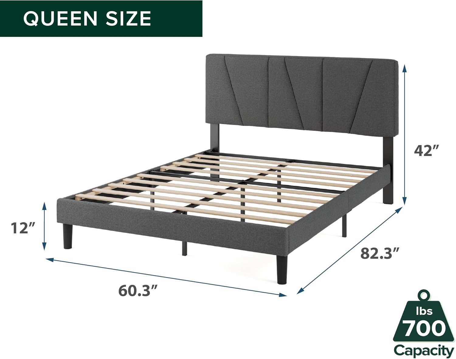 Zinus Queen Maya Upholstered Bed Frame with Asymmetric Headboard, Durable Wooden Slats, Sturdy Framework, Noise Free Sleep, No Box Spring Needed, Easy Assembly, Eco Friendly Packaging, Dark Grey