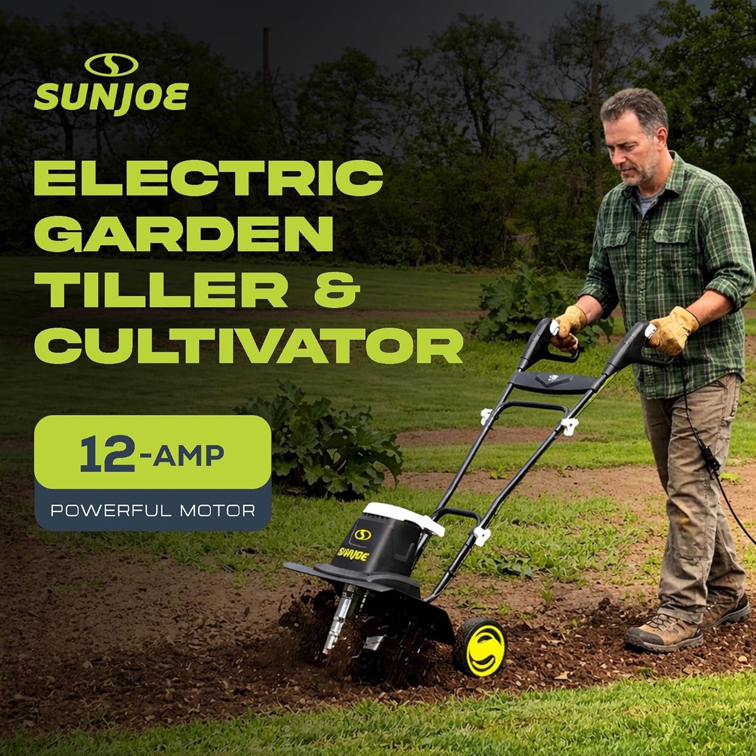 Sun Joe Corded Electric Garden Tiller & Cultivator with Steel Tines, 16 In, 12-Amp Motor - Heavy-Duty Tilling Machine and Power Tools for Lawn, Yard, and Gardening Care, TJ603E