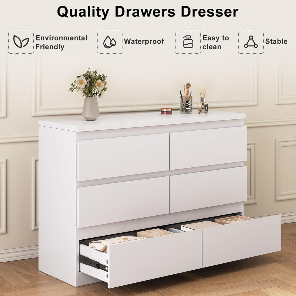 Jocoevol Modern 6 Drawer Dresser White Dresser for Bedroom, Simply Chest of Drawers, Wood Storage Dresser with Deep Drawers for Living Room Hallway Entryway, White