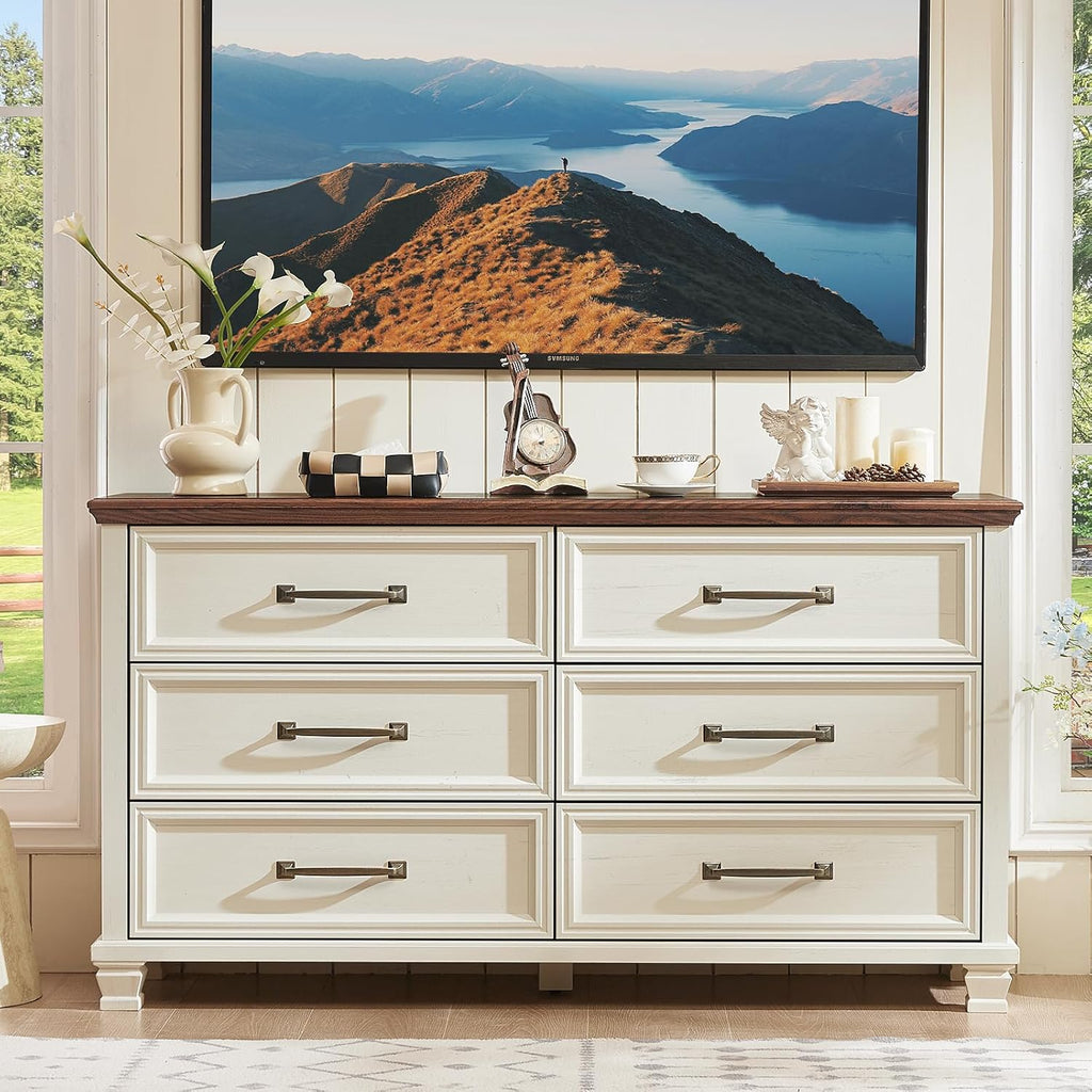 SAVOR LIFE Farmhouse Bedroom Dresser and Nightstand Set of 4, 6 Drawer Tall & Low Dresser & 2 Drawer Nightstand Set, Rustic Wood Furniture Set for Bedroom, Hallway, White