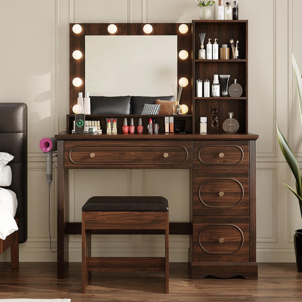 Vabches 42" W Walnut Makeup Vanity Desk with Mirror and Lights and Charging Station, Dark Brown Wood Vanity with Open Storage and Drawers and Stool Chair, Dressing Table Make Up Desk for Bedroom